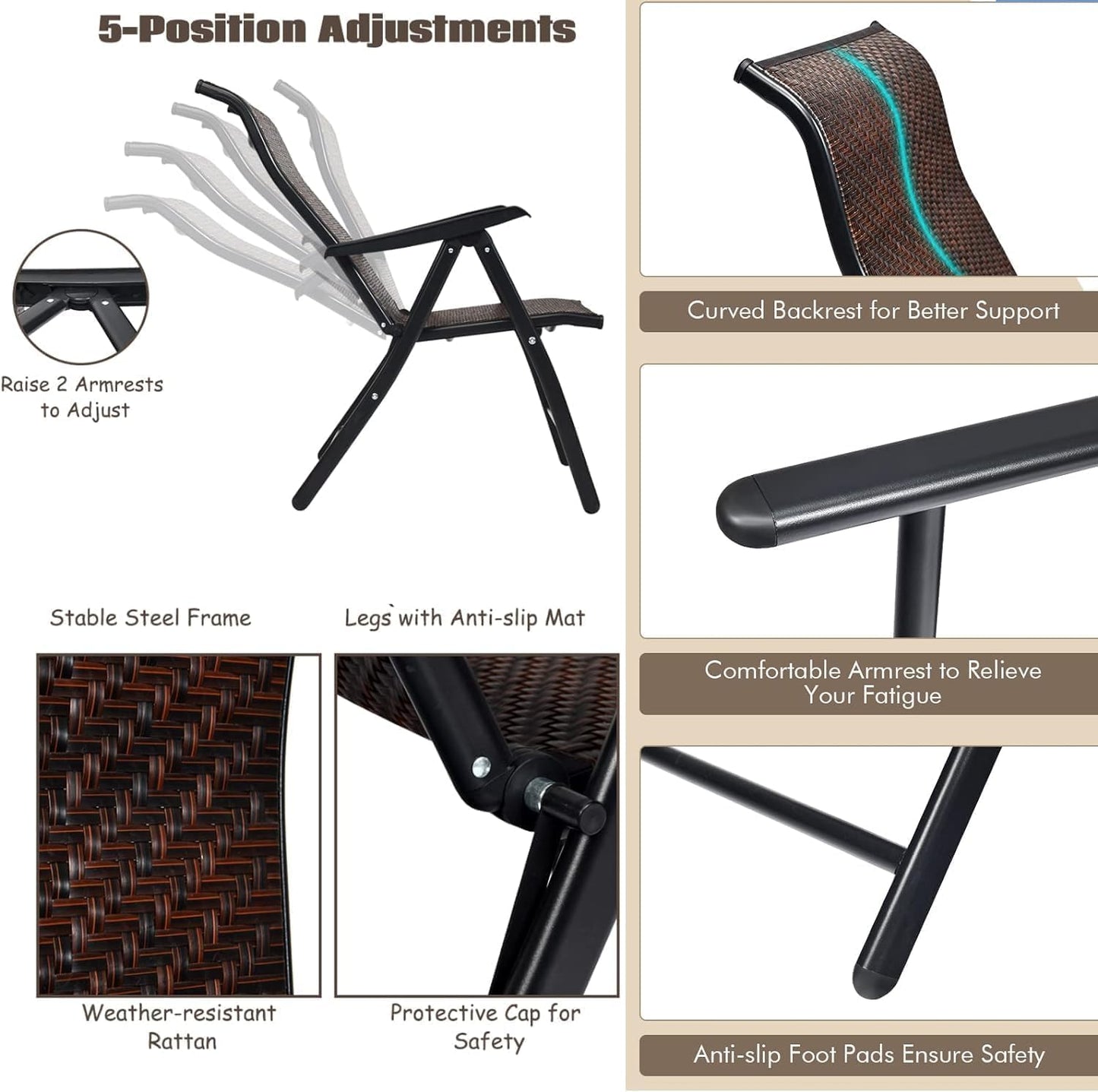 GiantexUK Set of 1/2 Reclining Folding Chairs, Patio PE Wicker Folding Chair with 5-Position Adjustable High Backrest