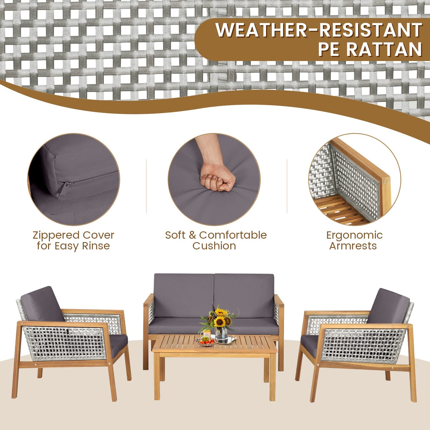 Acacia Wood Rattan Patio Conversation Set with Loveseat