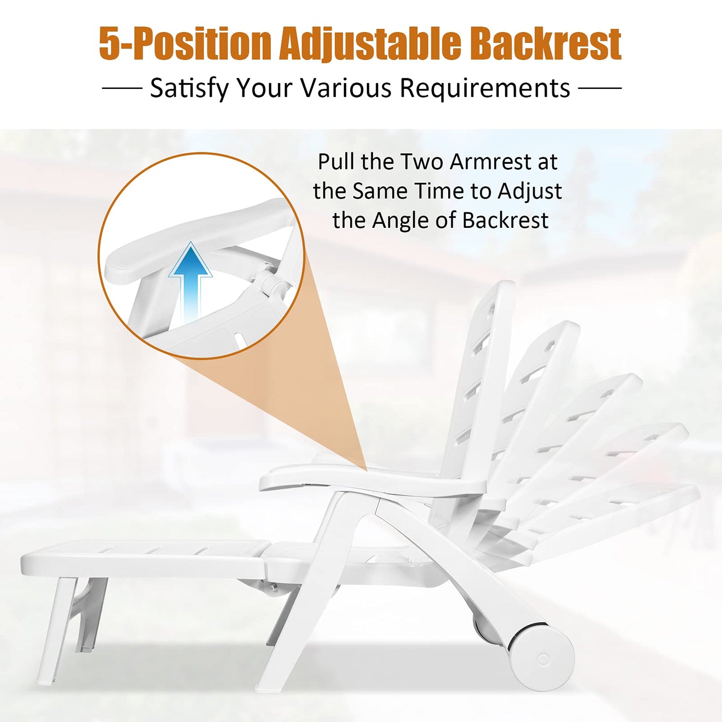 5-Position Adjustable Outdoor Folding Sunlounger with Wheels
