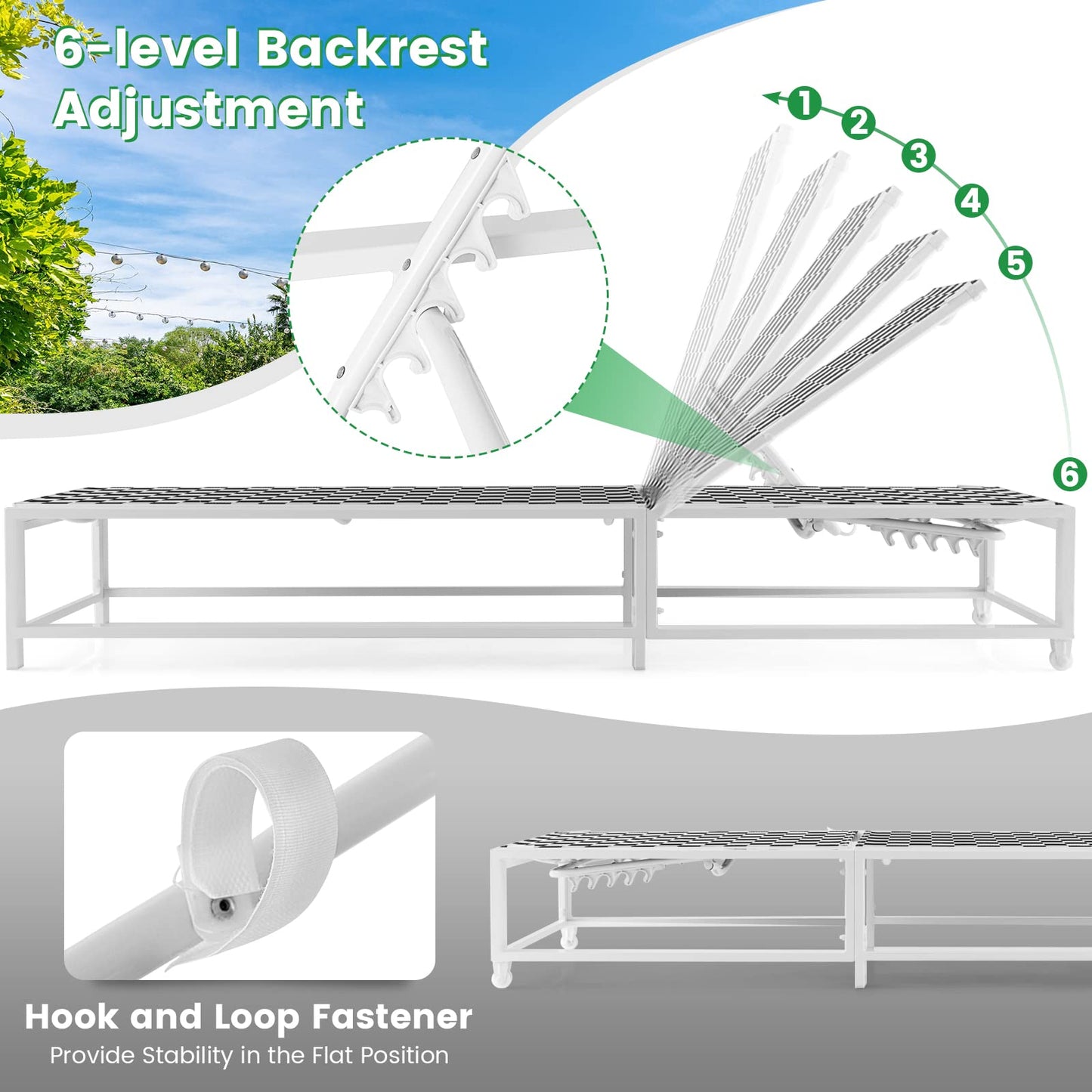6-Level Adjustable Patio Chaise Lounge Chair Deck Sunbed with Rolling Wheels