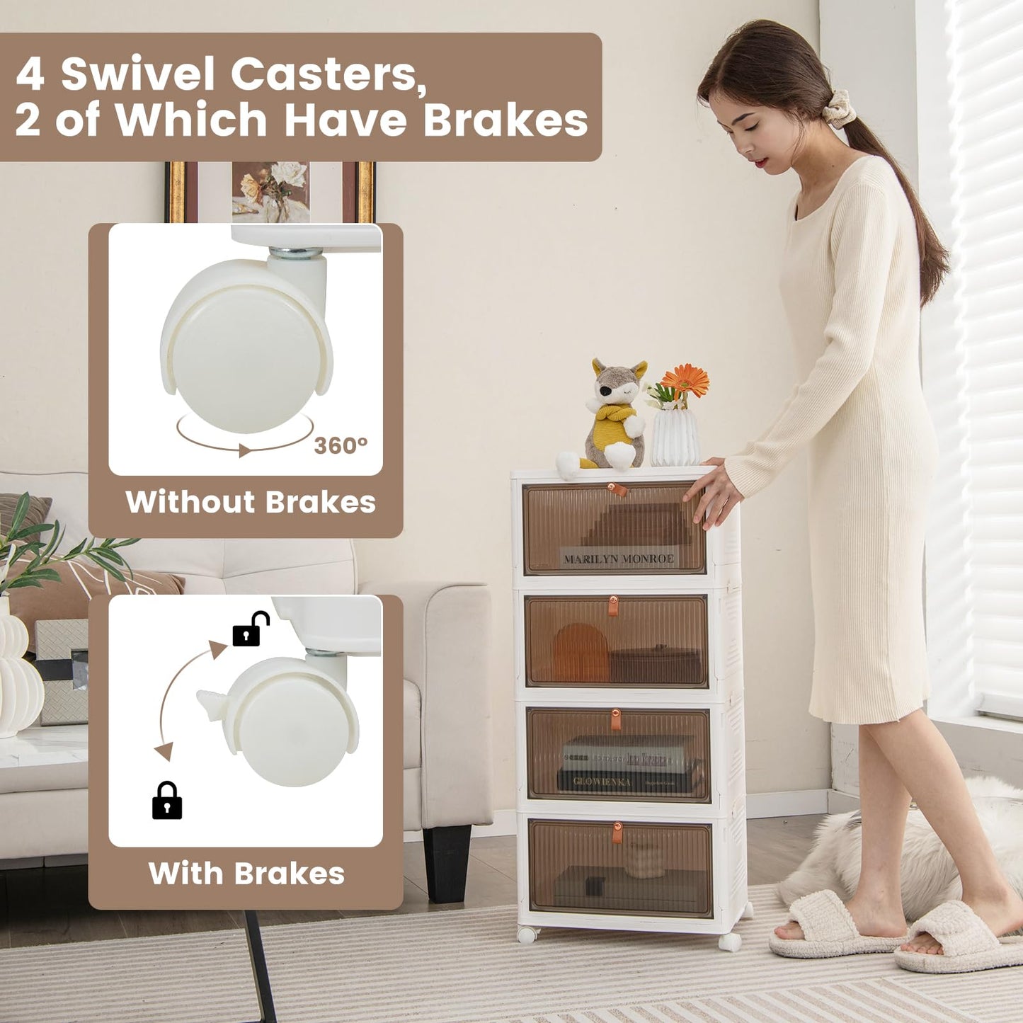4-Tier Stackable Shoe Storage Box with Lockable Wheels