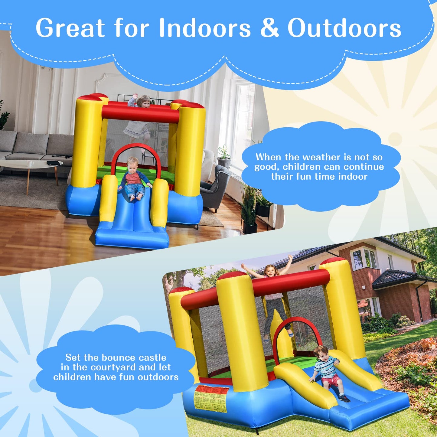 Inflatable Bounce House with Slide and Carrying Bag without Blower
