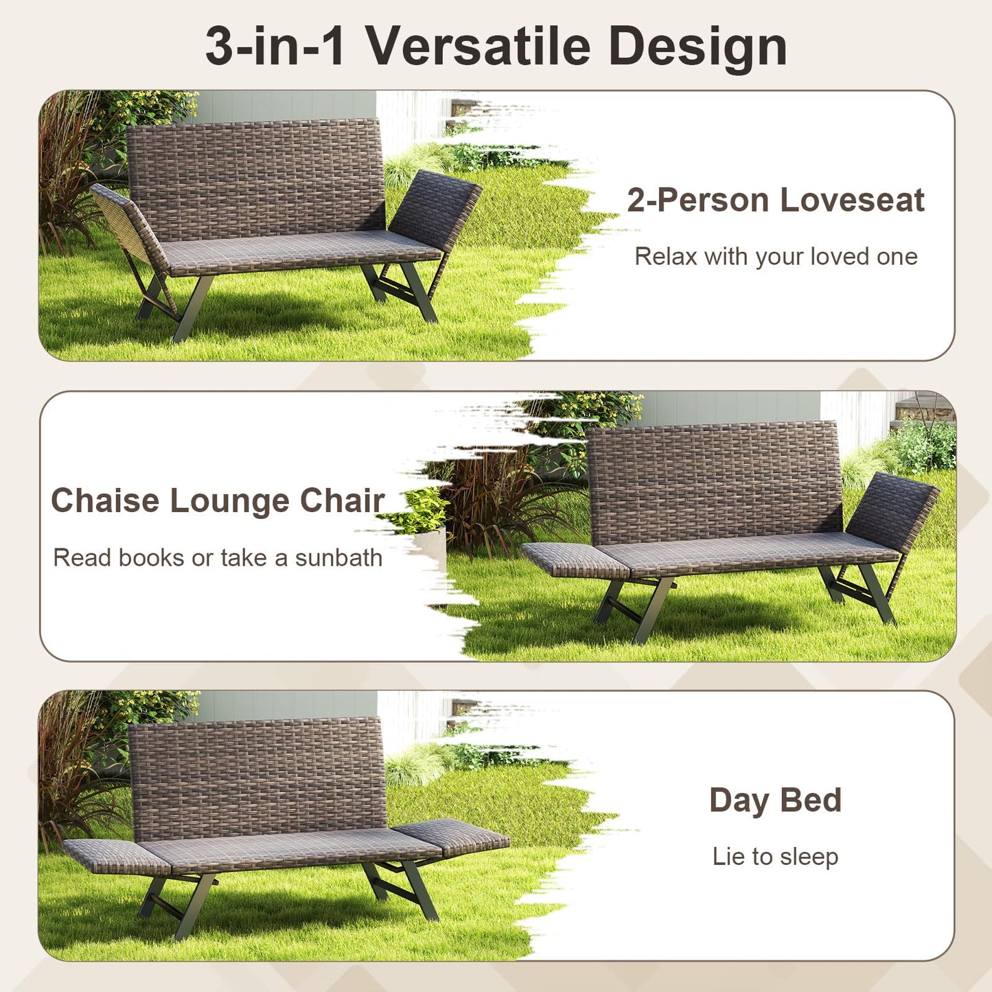 Convertible Rattan Daybed Patio Chaise Lounge Chair with Adjustable Armrests