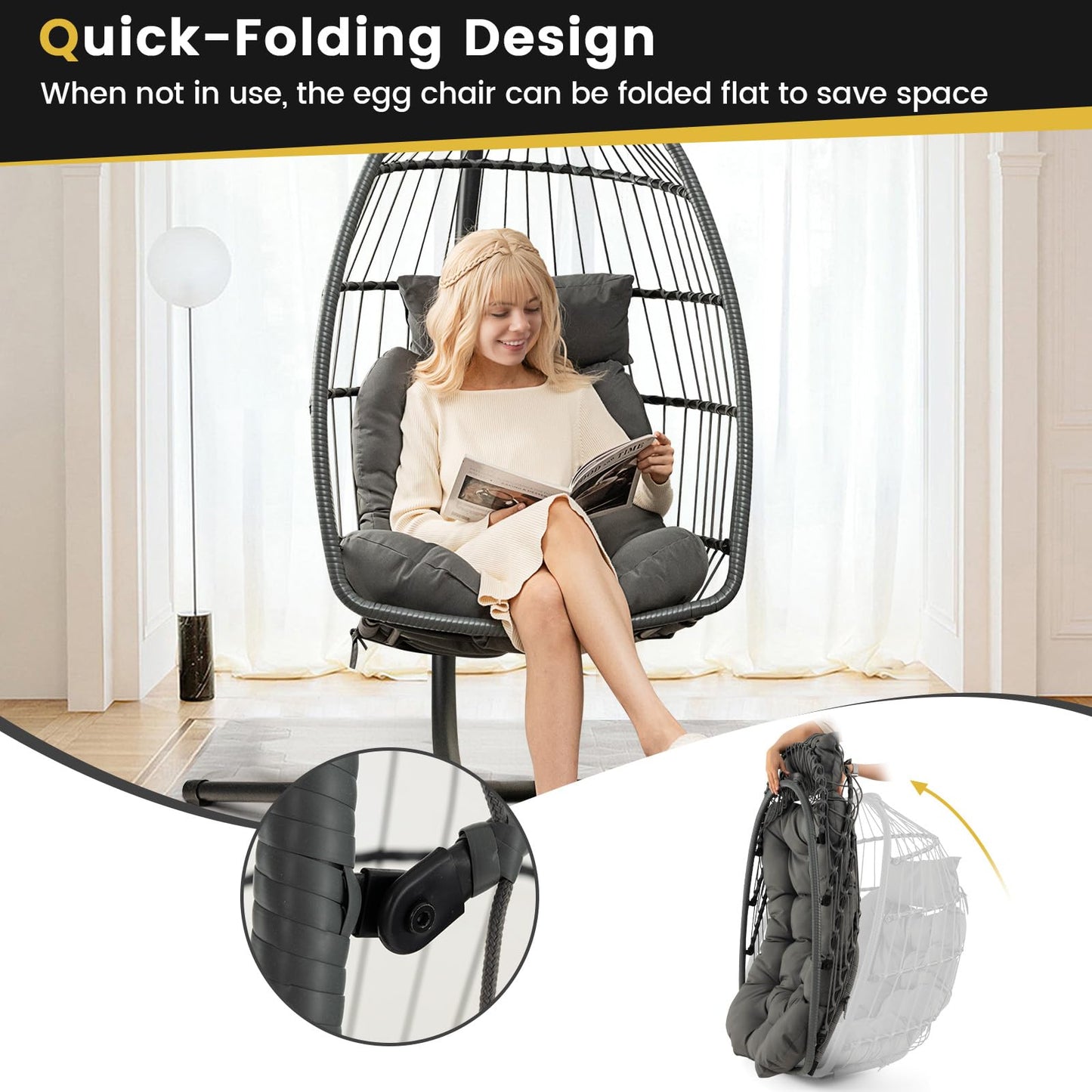 Foldable Rattan Hanging Chair with Soft Cushion and Head Pillow