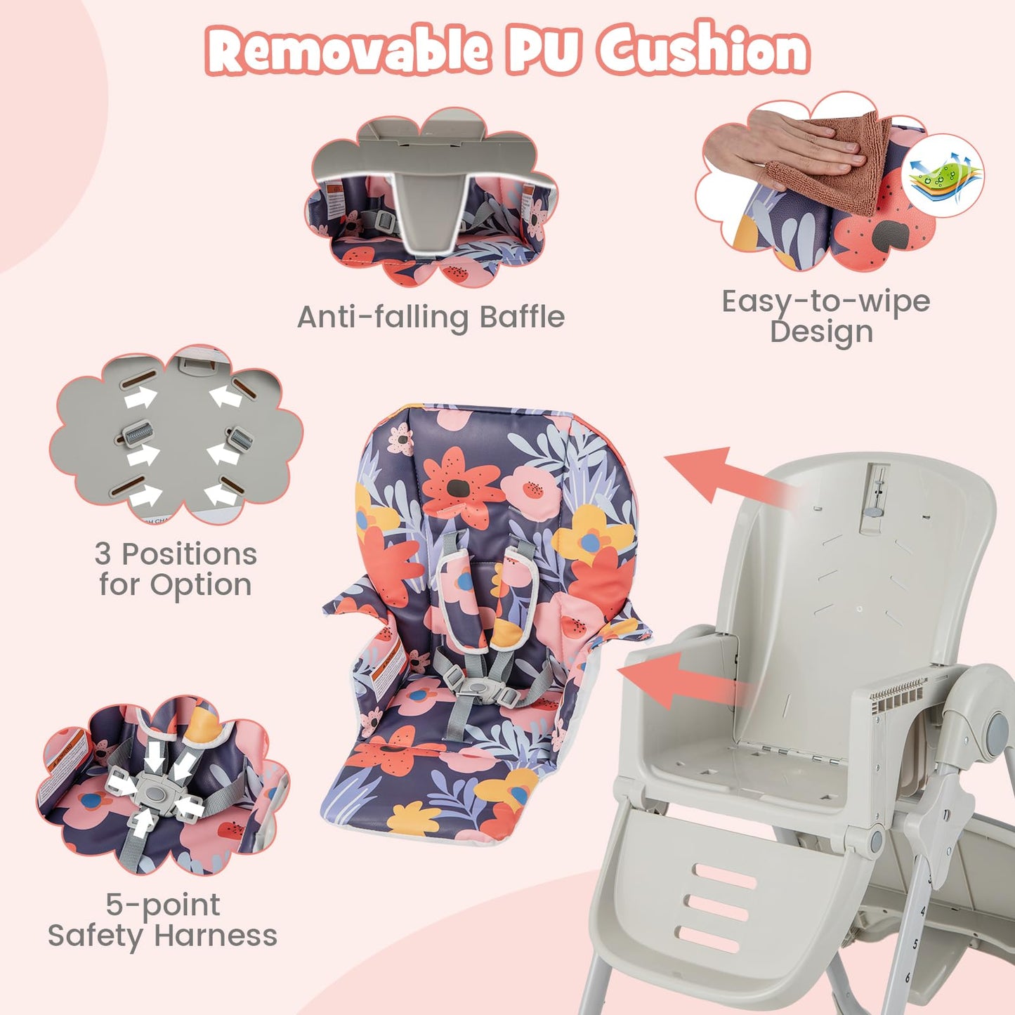 Height Adjustable Feeding High Chairs with Removable Tray
