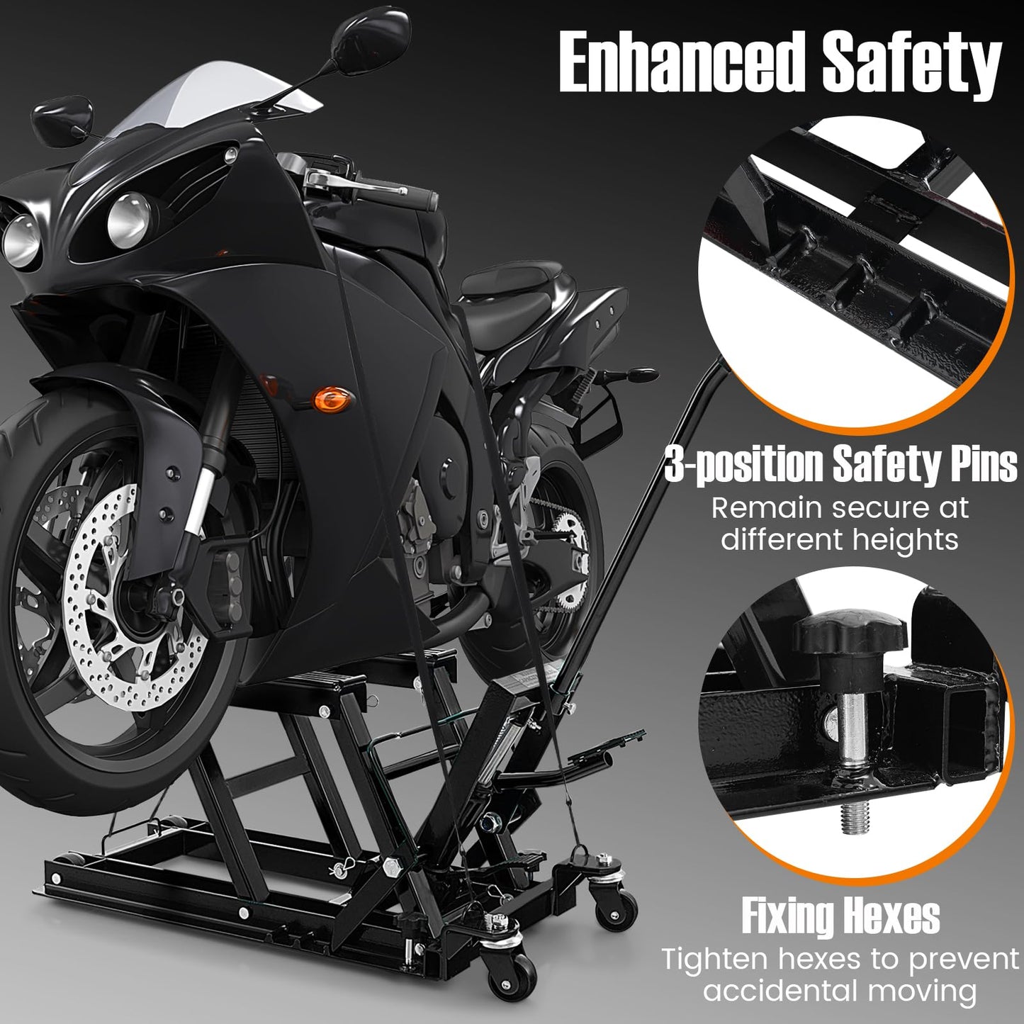 680KG Motorcycle Lift Jack with 4 Wheels and Footplates