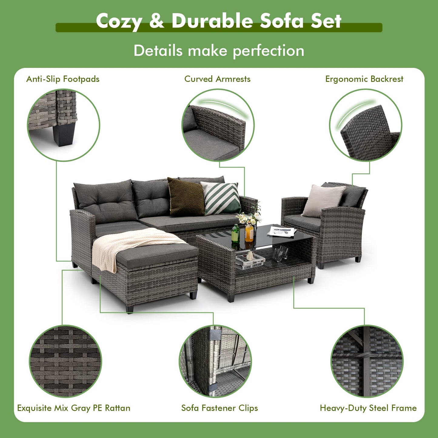 4-Piece All-Weather Outdoor Sectional L-shaped Sofa Set with Coffee Table