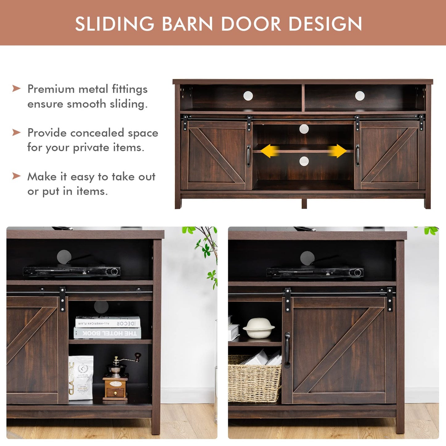Sliding Barn Door Farmhouse Flat Screen Console for 65 Inch TVs