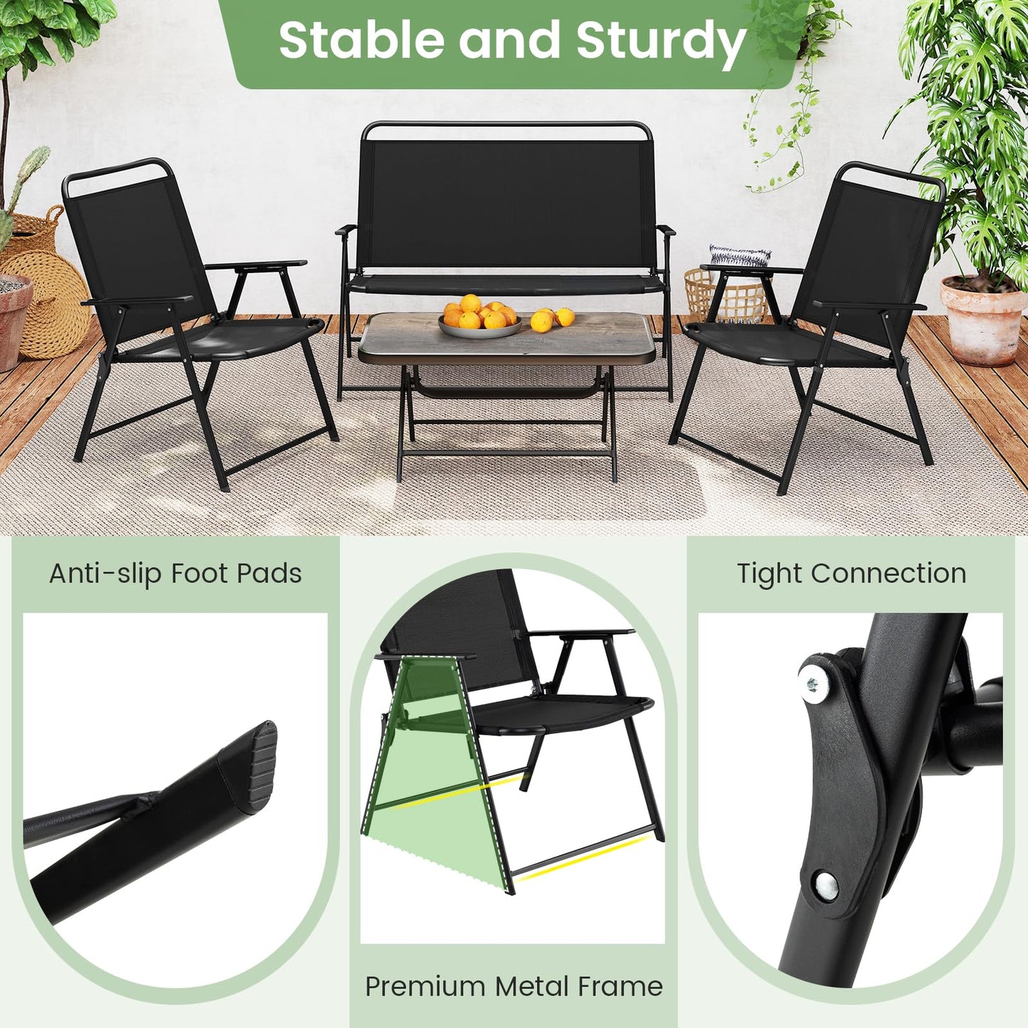 4-Piece Folding Patio Conversation Set with Coffee Table