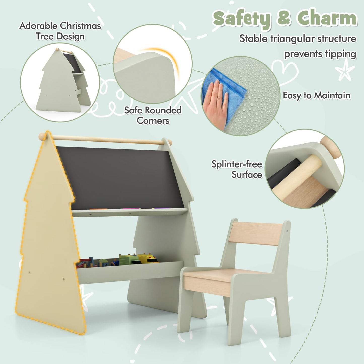 2 in 1 Double sided Kids Art Easel with Stool and Paper Roll Holder