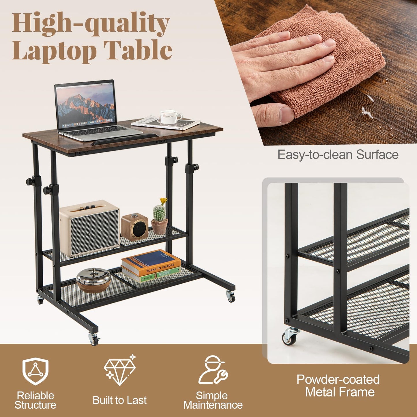 80 x 50cm Height Adjustable Mobile Laptop Table Computer Desk with Tilting Tabletop