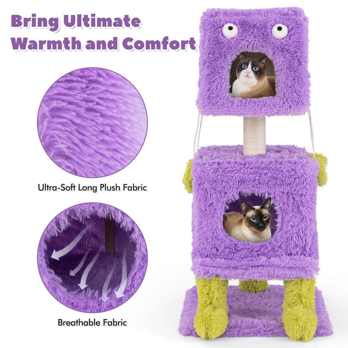 Cute Monster-Themed Cat Tower with 2 Private Condos and Soft Long Plush