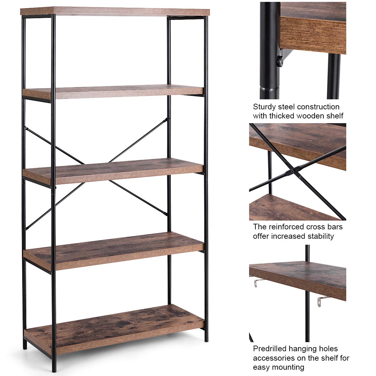Freestanding Wooden 5-Tier Storage Bookshelf