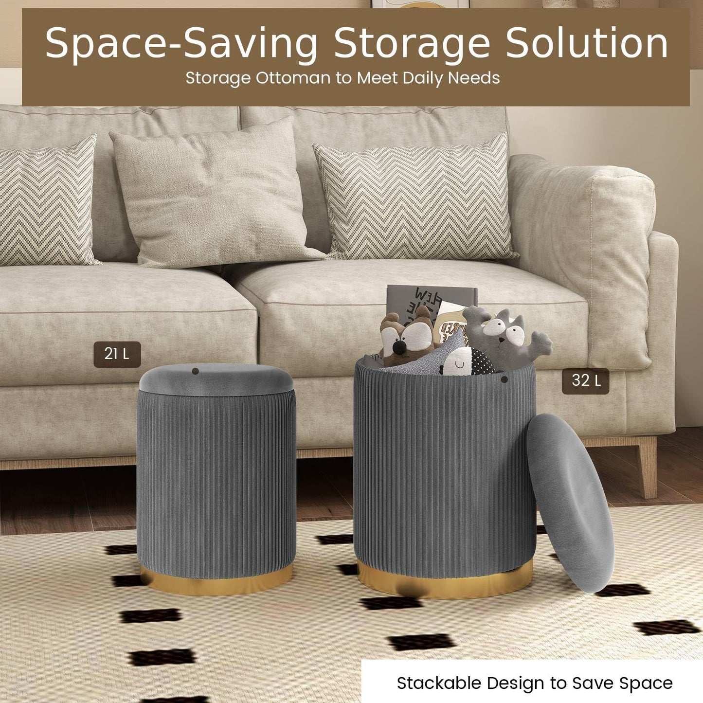 Velvet Storage Ottoman Set of 2 with Gold Stainless Steel Hoop