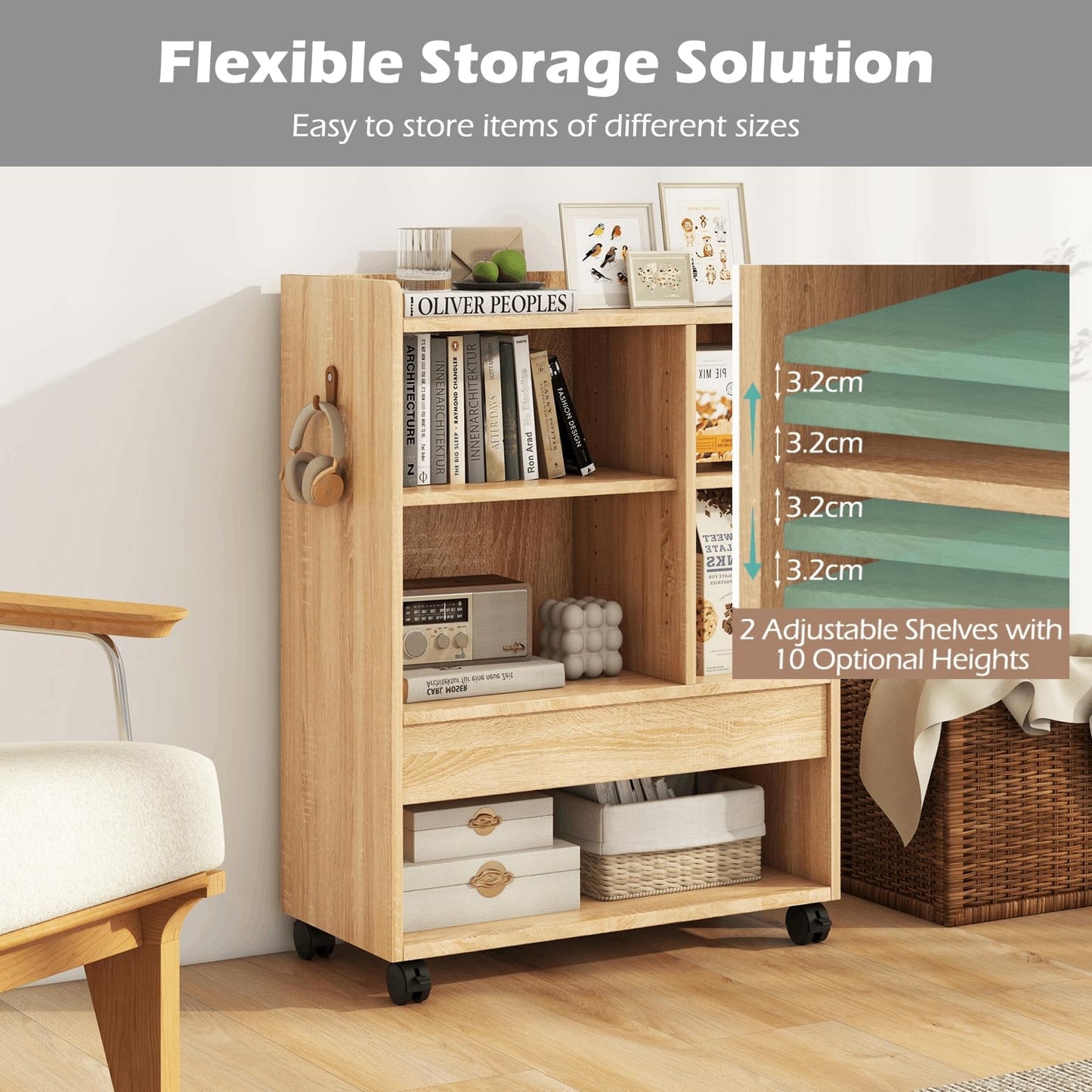Mobile Storage Cabinet with Drawer and Adjustable Shelves