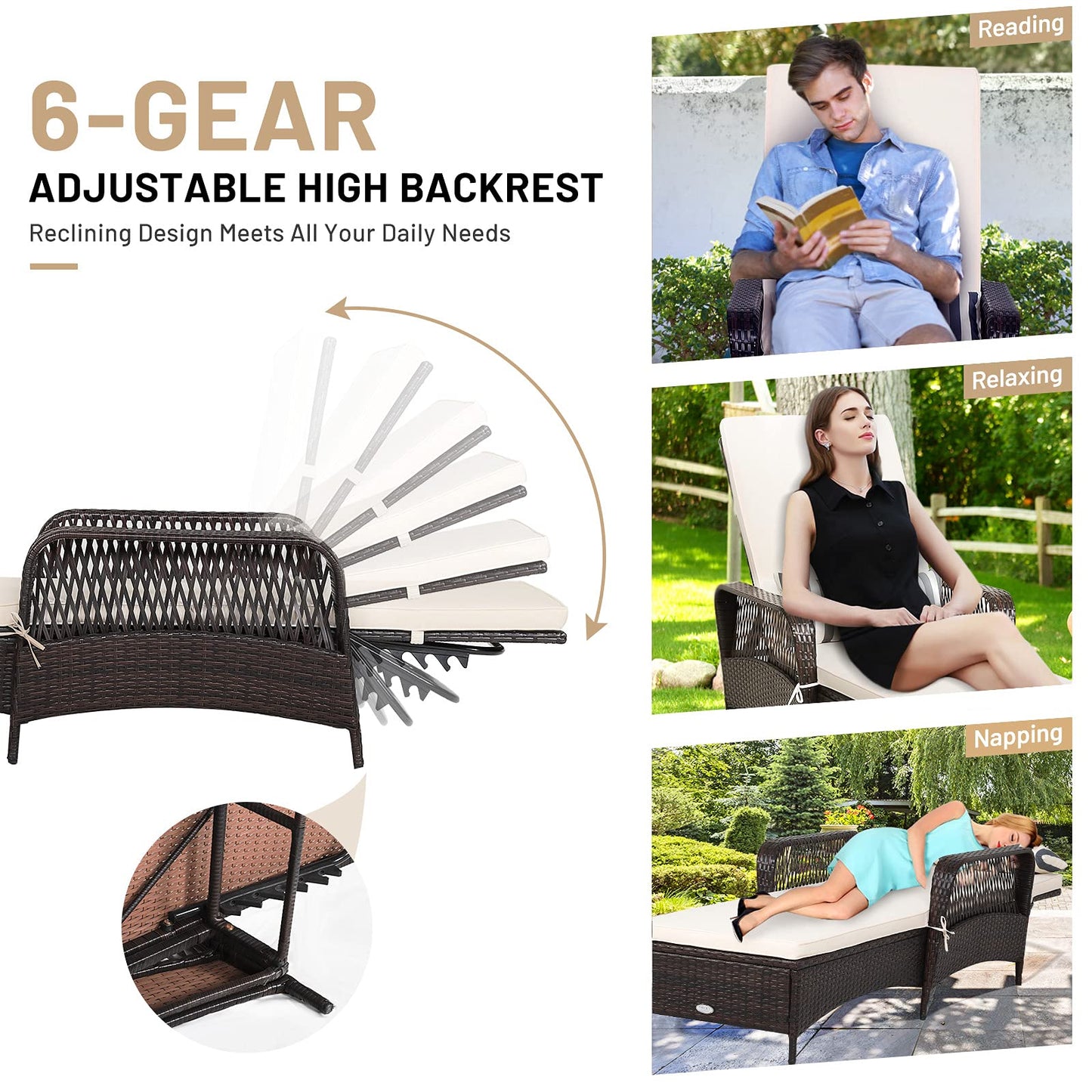 Rattan Sun Lounger with Removable Cushion and Pillow for Outdoor