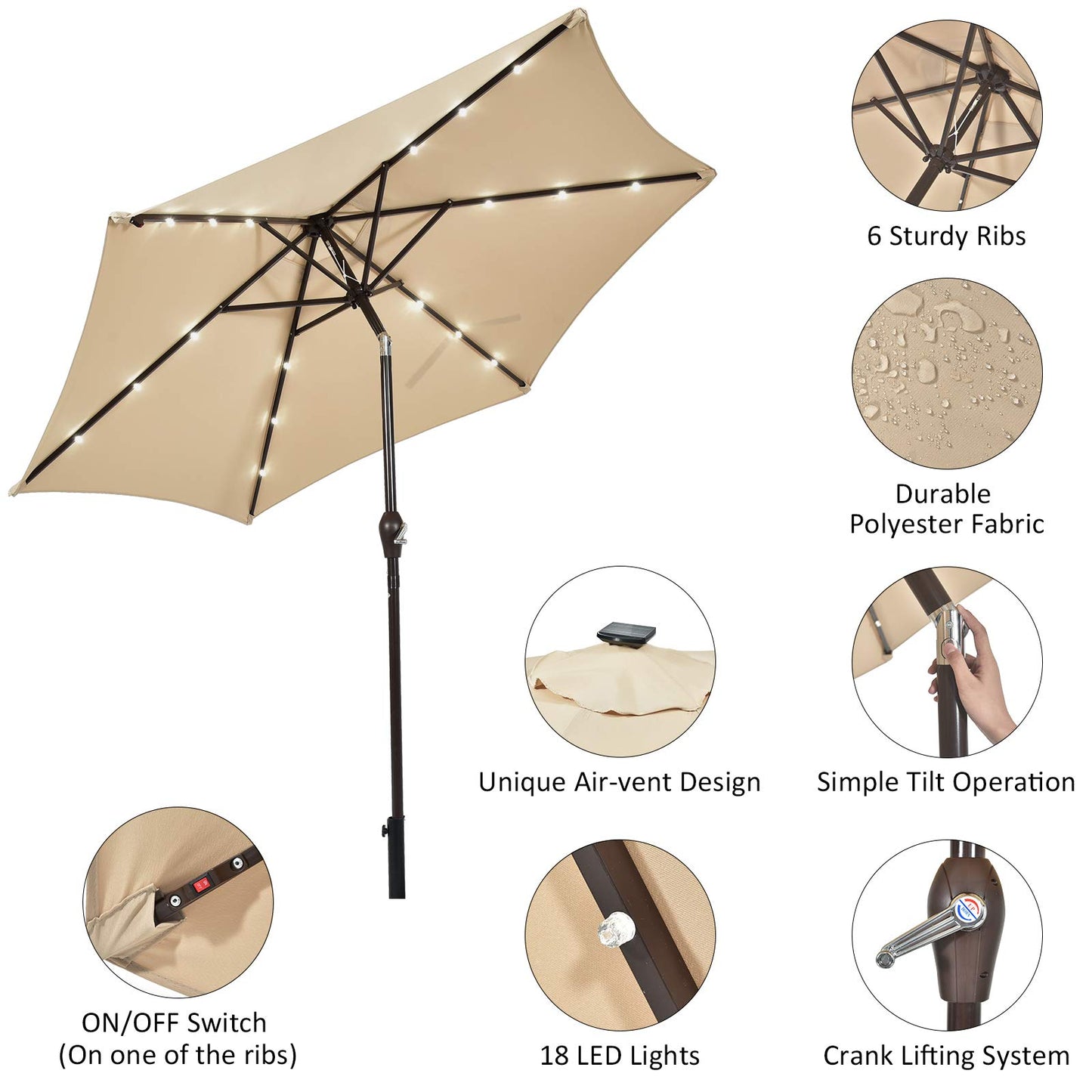 18 Solar Powered LED Lights Patio Umbrella with Tilt and Crank Handle