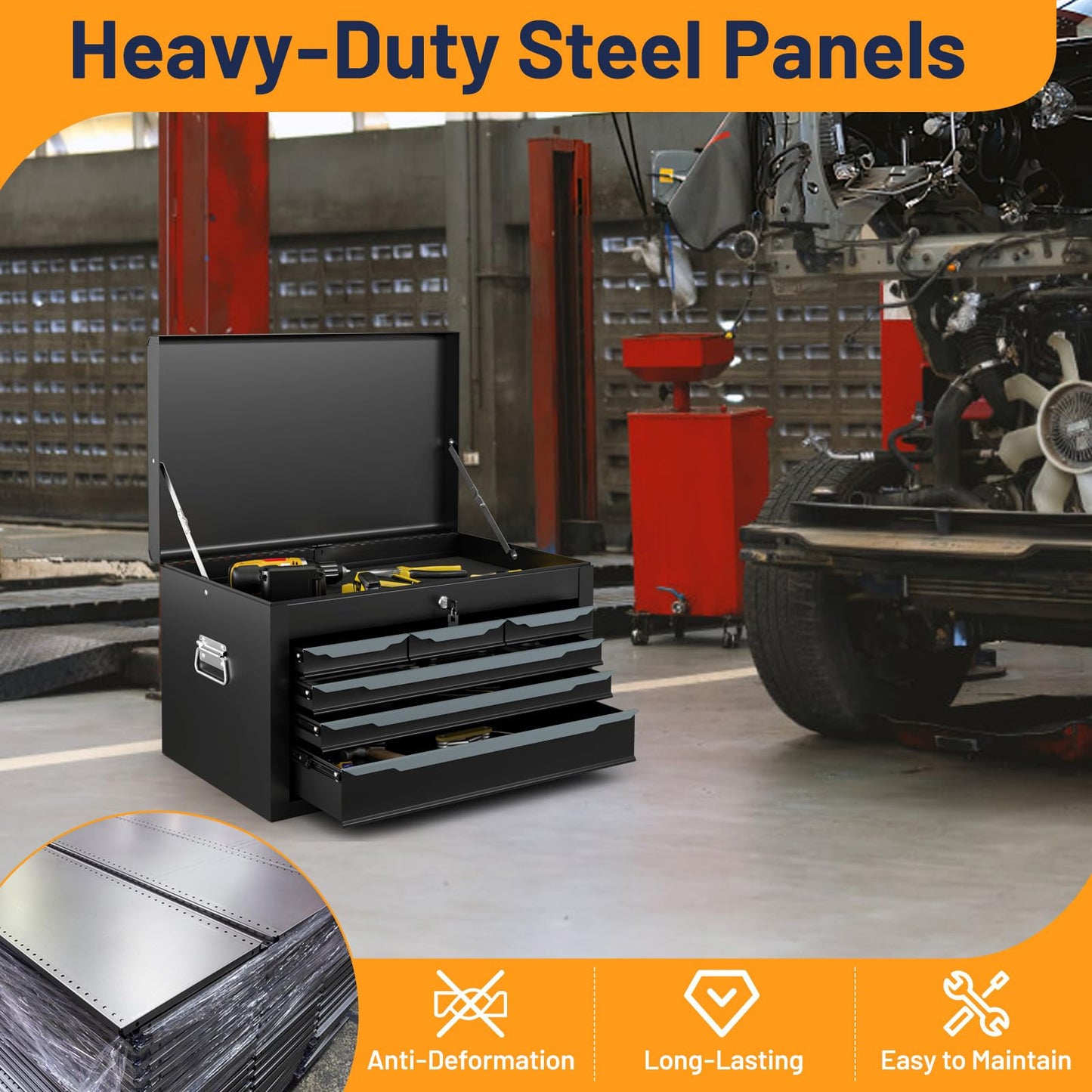 Steel Tool Box Chest Case with 6 Drawers Top Storage Automatic Lock