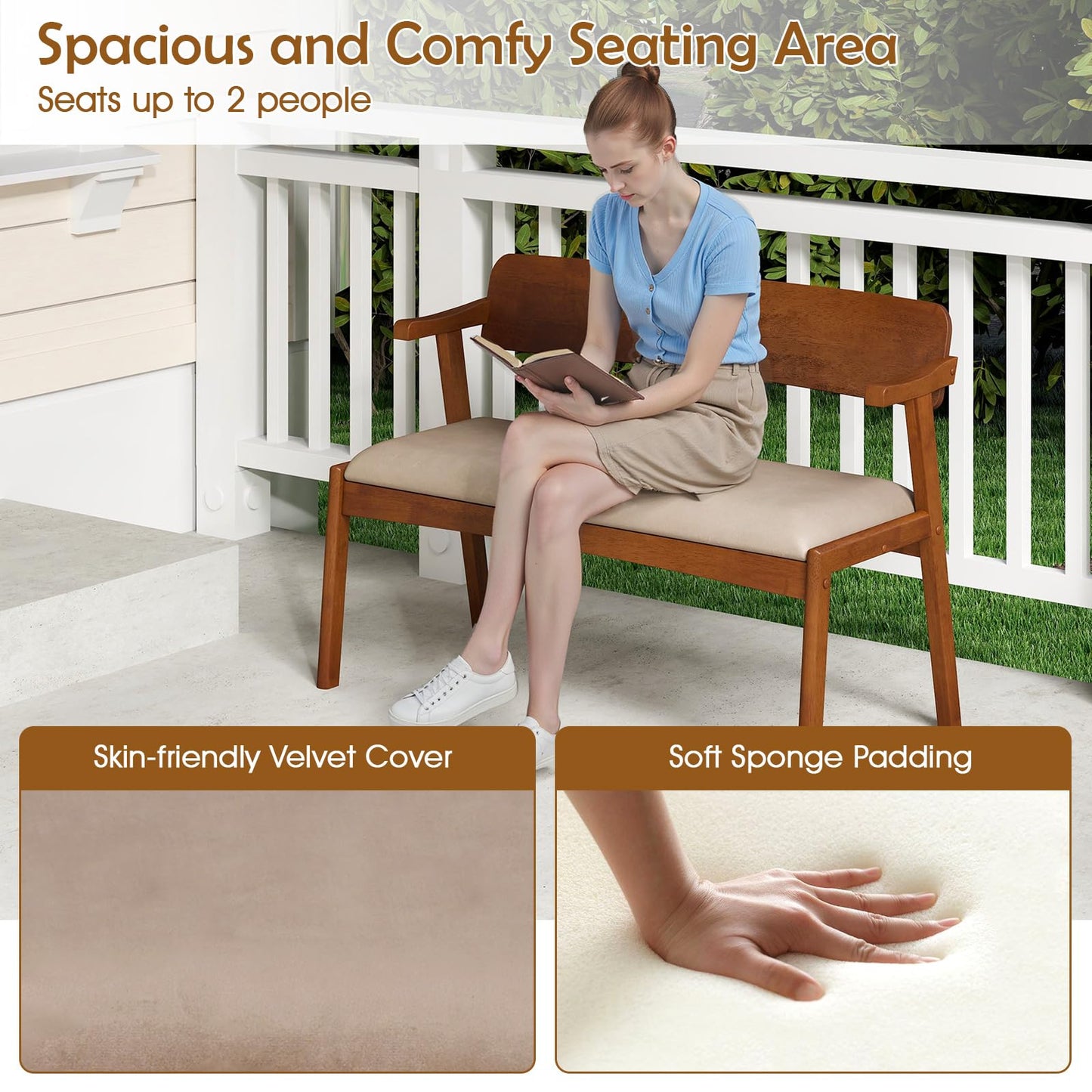 2 Seat Rubber Wood Bench with Padded Seat and Ergonomic Backrest
