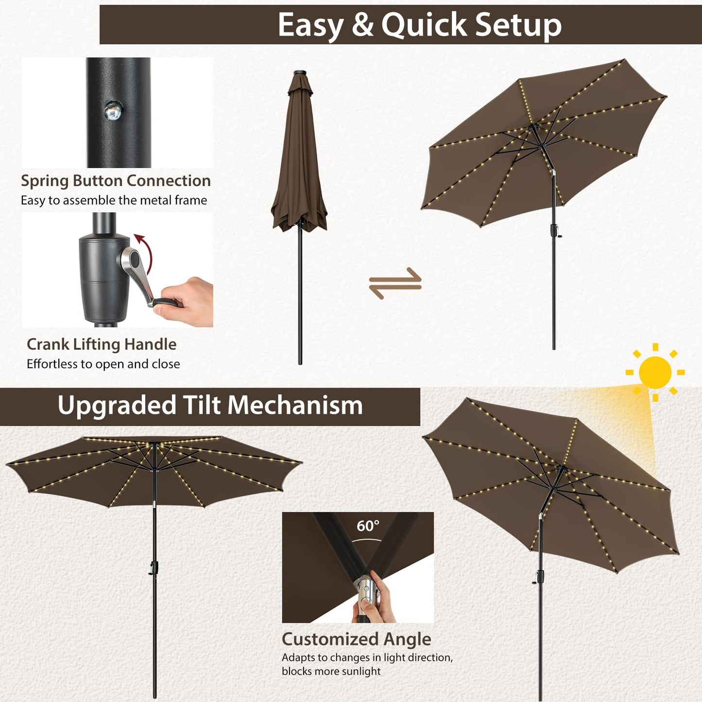 112 Solar Powered LED Lights Patio Umbrella with Tilt