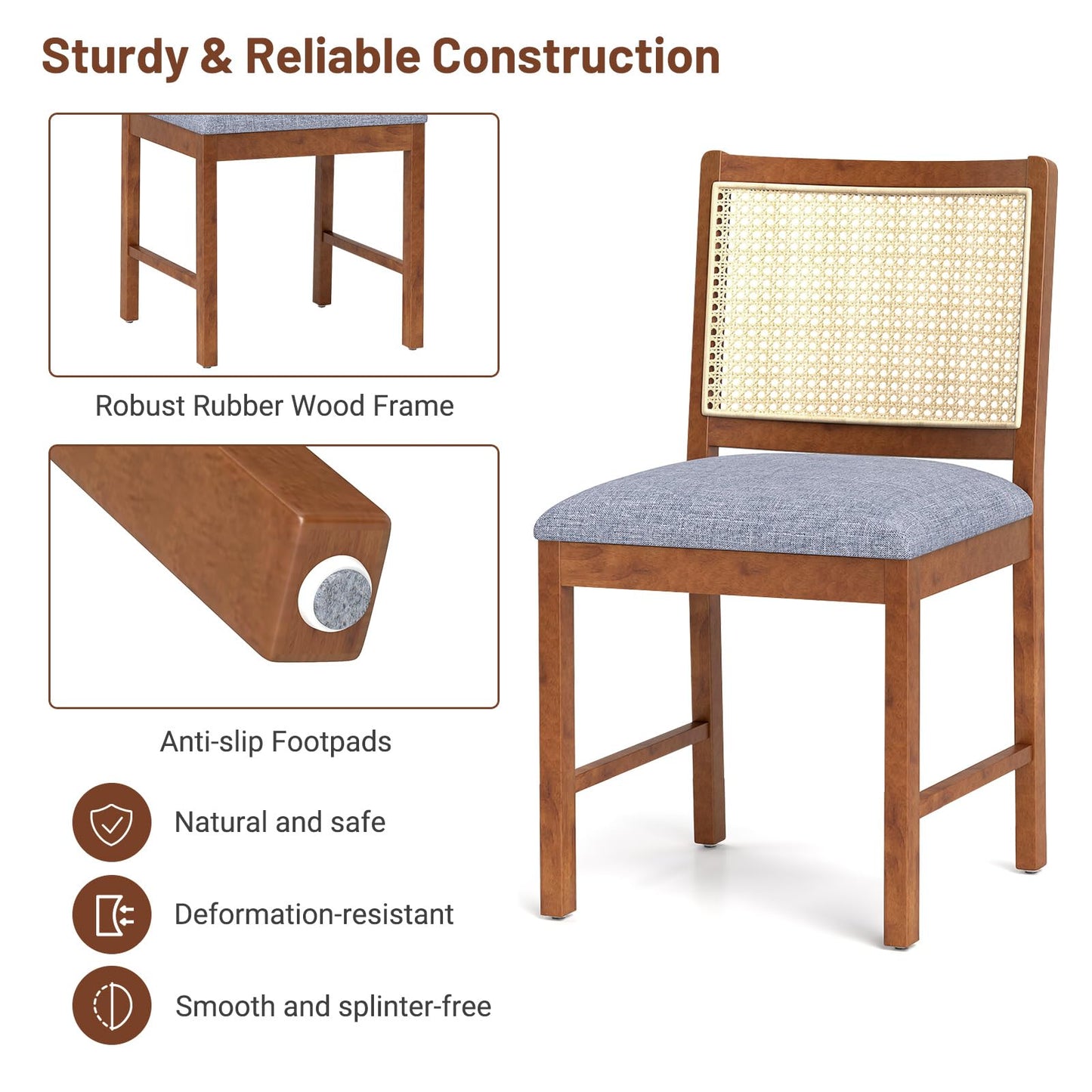 Rattan Dining Chair Set of 2 with Rubber Wood Frame and Linen Fabric Padded