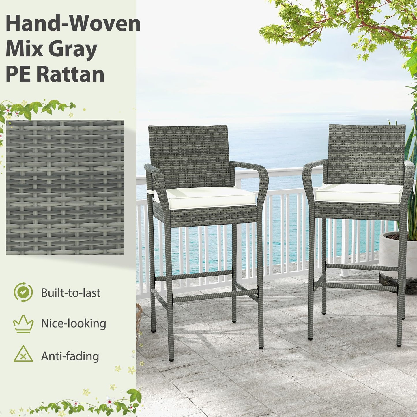 All Weather Outdoor Wicker Bar Stools Set with Soft Seat Cushions