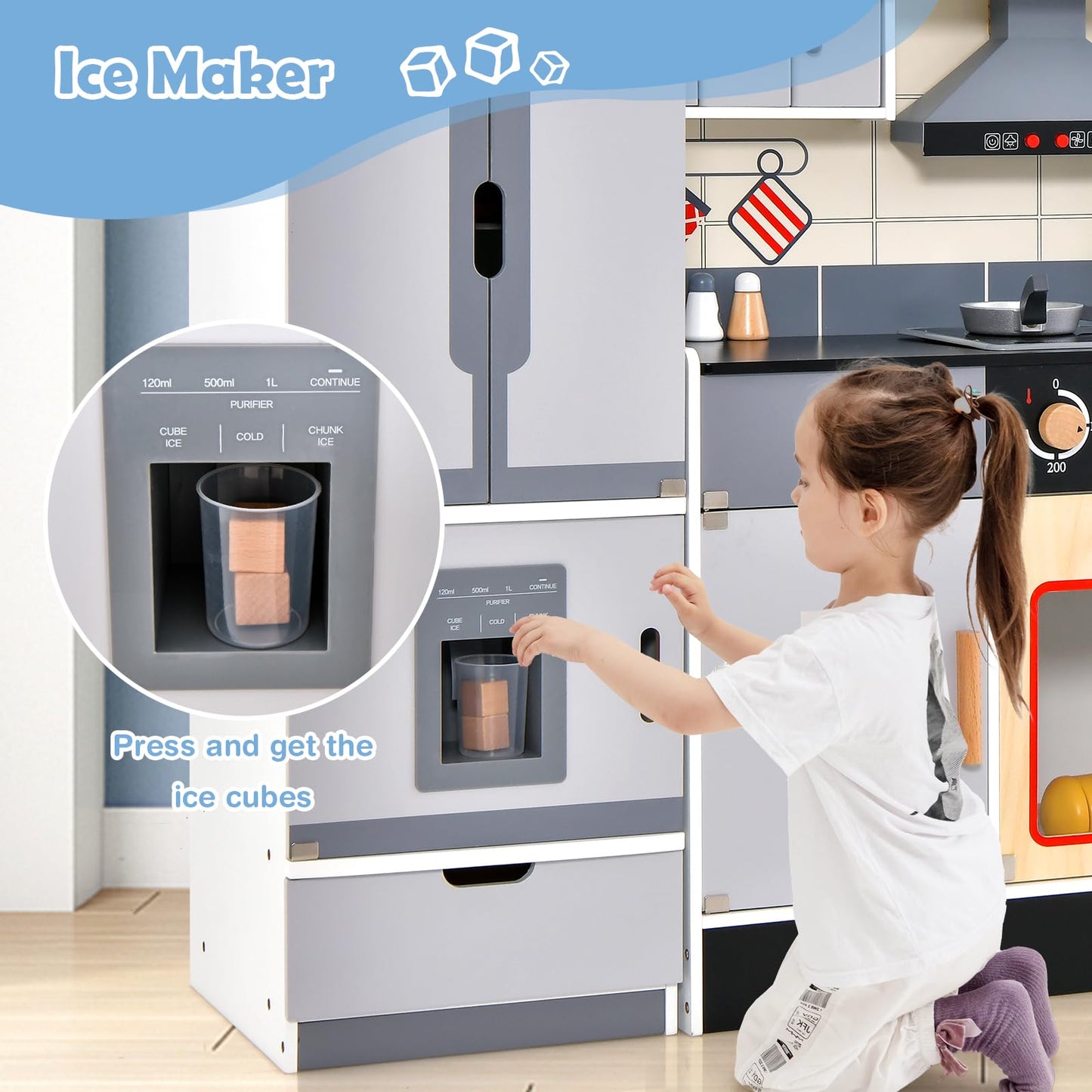Pretend Play Kitchen Toy with Freestanding Refrigerator