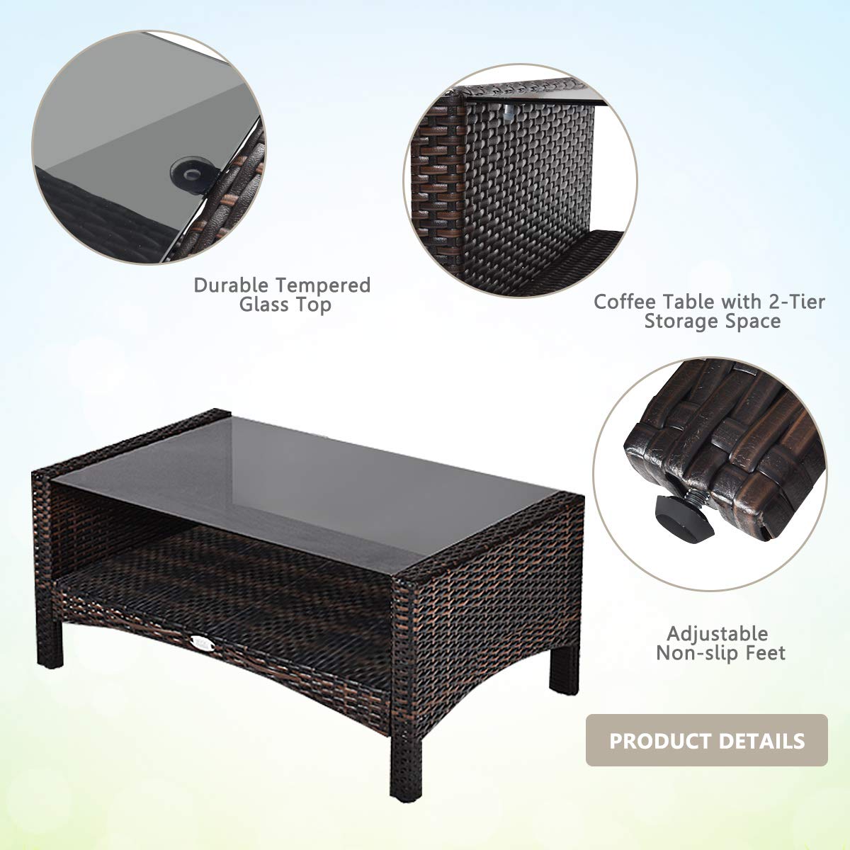 4-Piece Garden Rattan Conversation Furniture Set with Tempered Glass Table