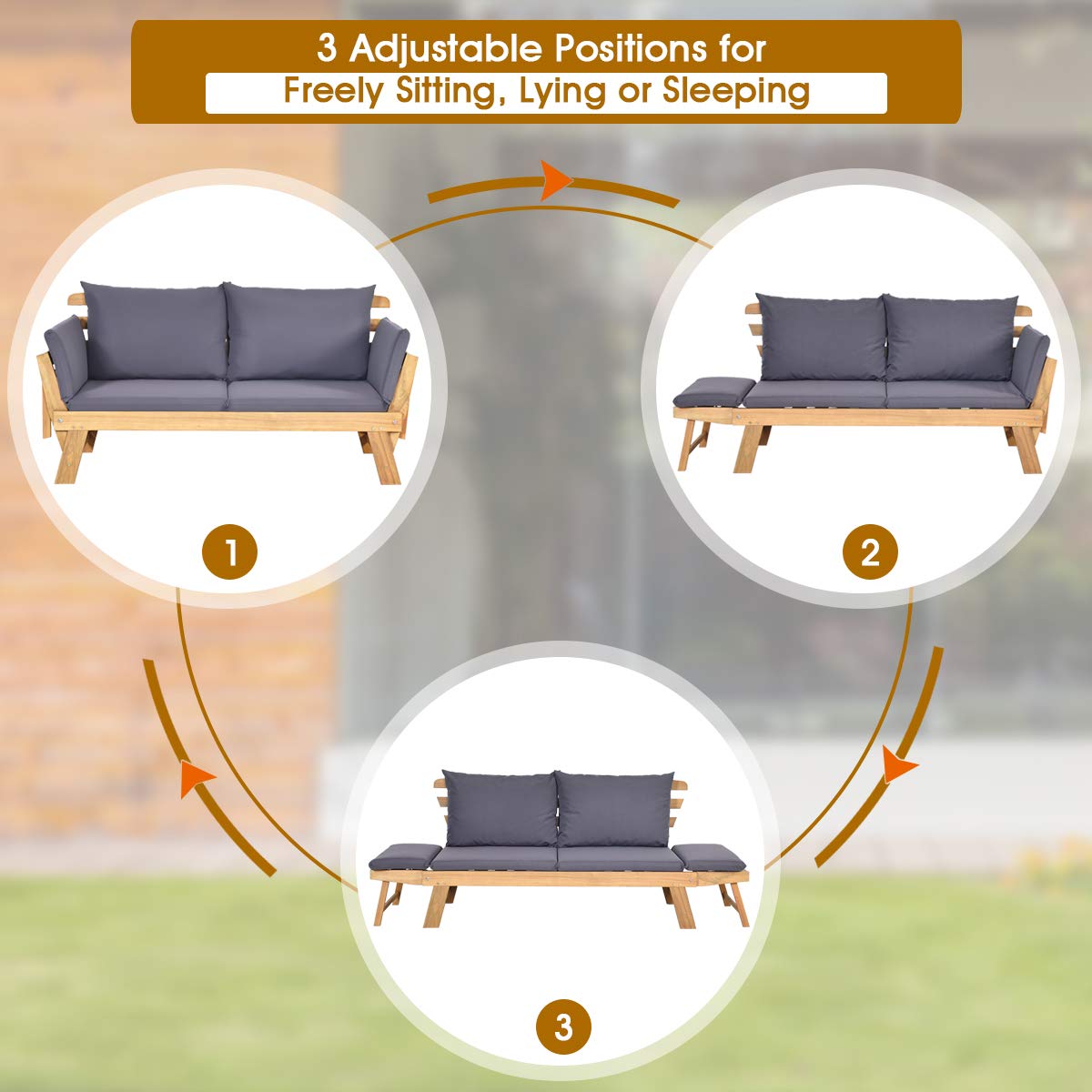 3 in 1 Convertible Cushioned Loveseat Lounger Couch with Folding Armrests and Pillows