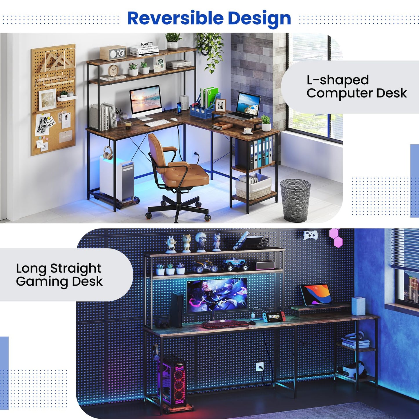 L-Shaped Gaming Desk with LED Strip and Power Outlets