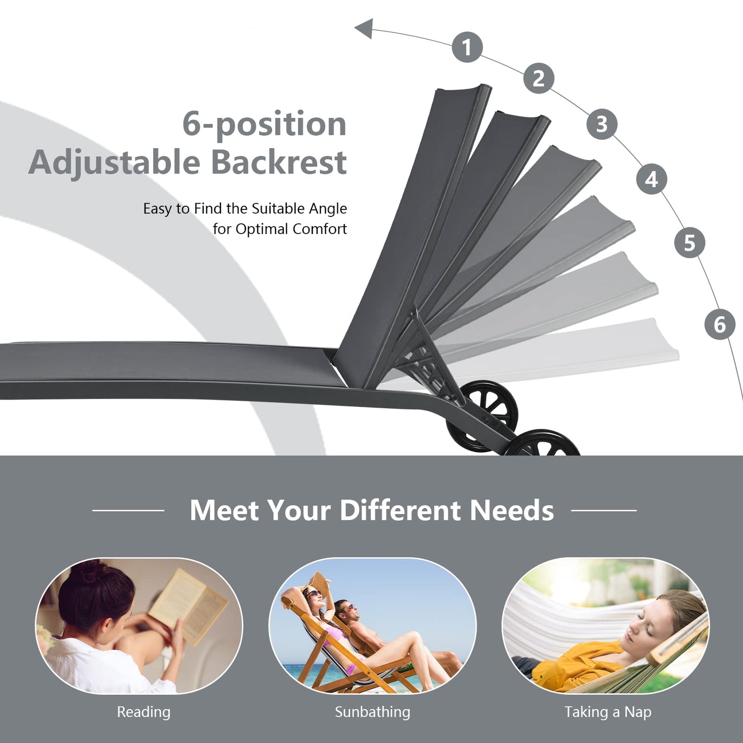 6 Positions Adjustable Chaise Lounge Deck Sunbed