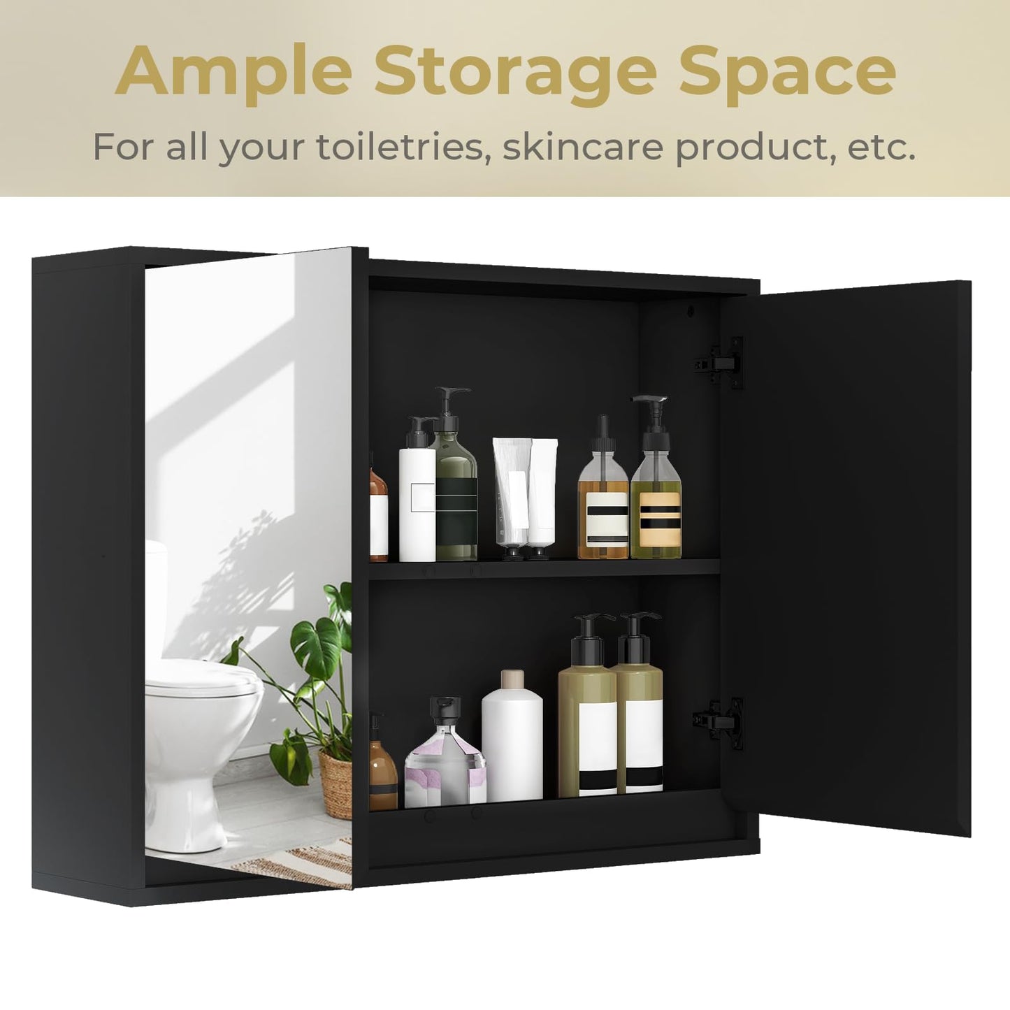 Double Mirrored Door Cabinet with Storage Shelf for Bathroom