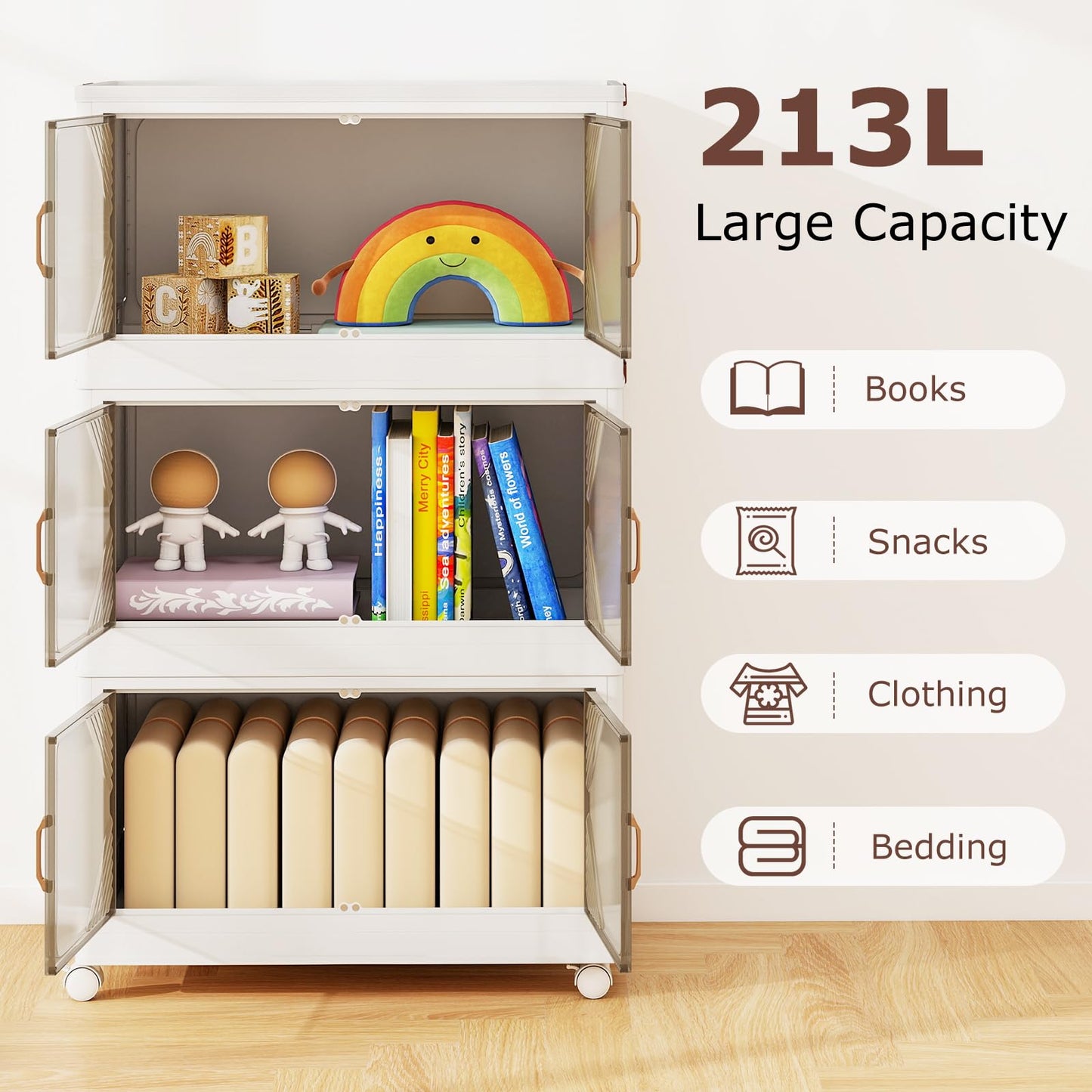 Stackable Storage Containers with Wheels and Doors for Bedroom