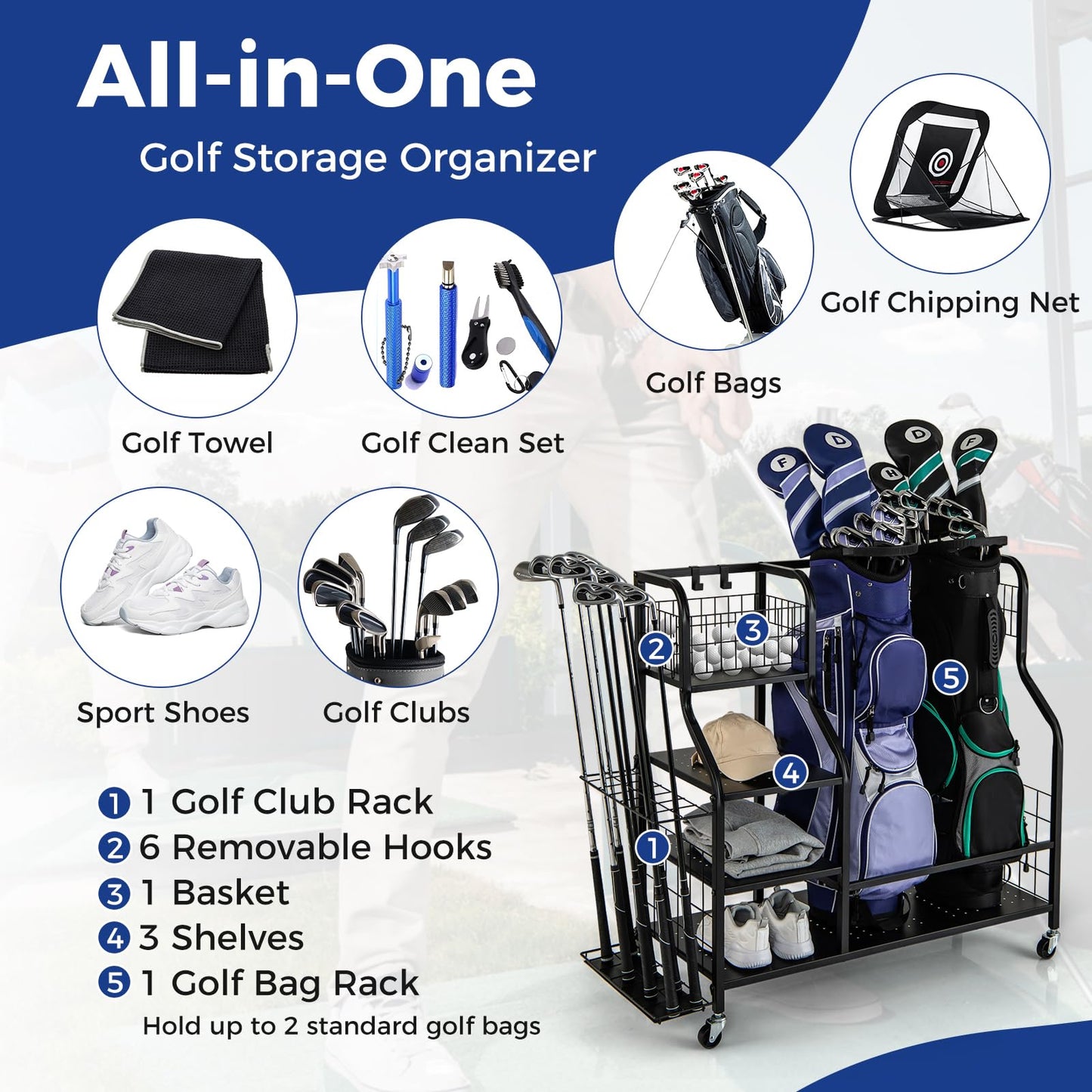 5-In-1 Golf Bag Storage Organizer with Storage Basket