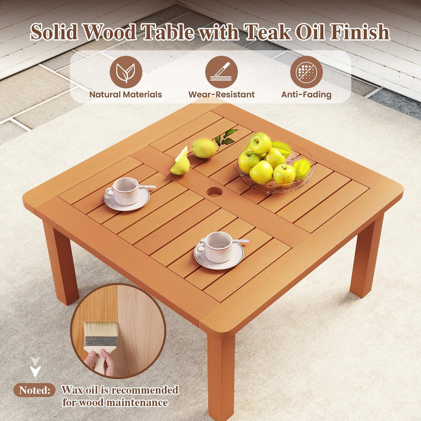 Patio Coffee Table with Umbrella Hole Outdoor Solid Wood End Table