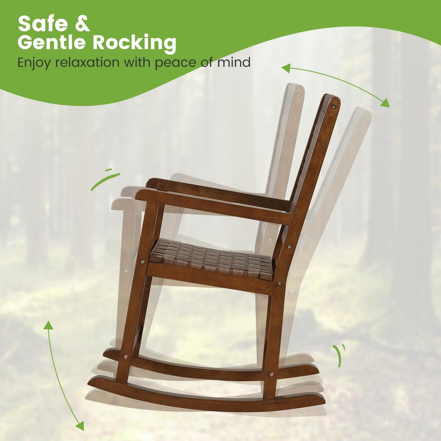 Wood Rocking Chair with PU Seat and Rubber Wood Frame for Porch Backyard Balcony