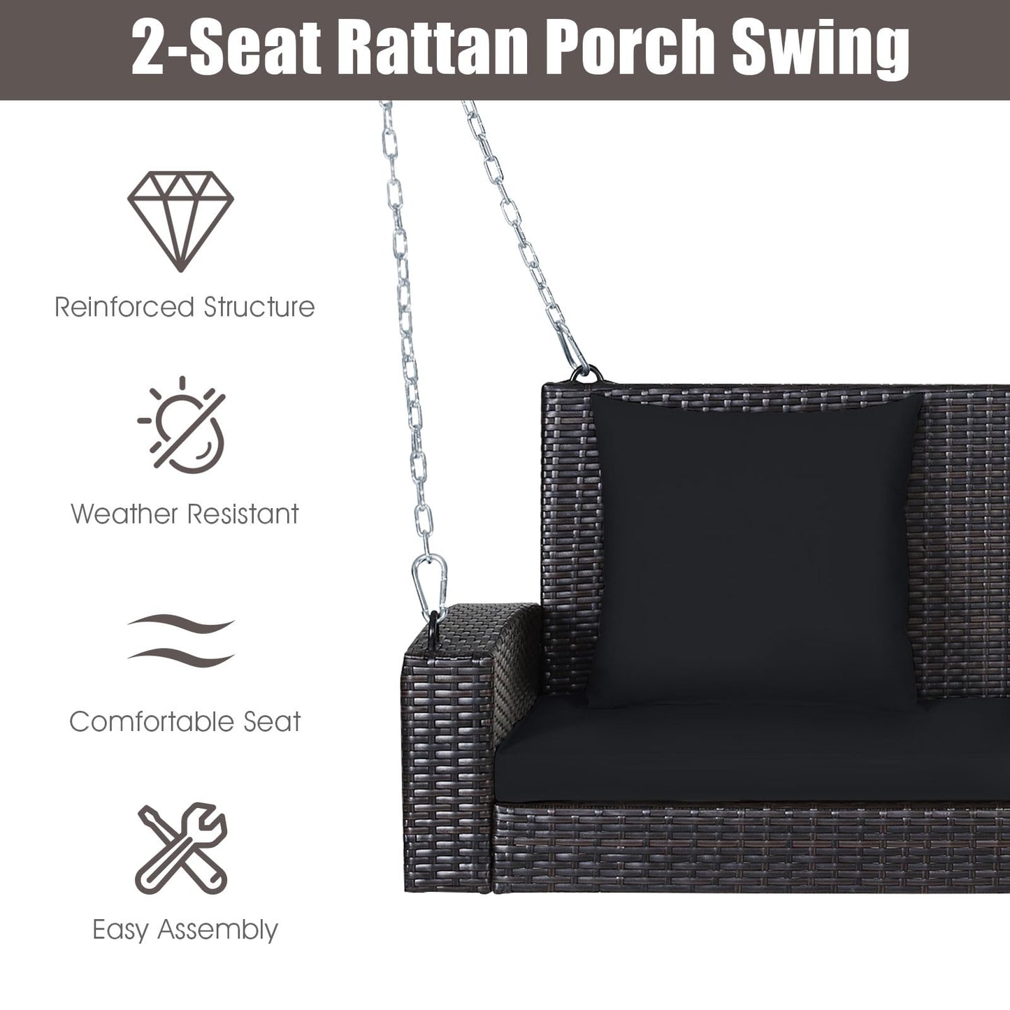 2-Seat Patio Rattan Porch Swing with Two Solid Steel Chains