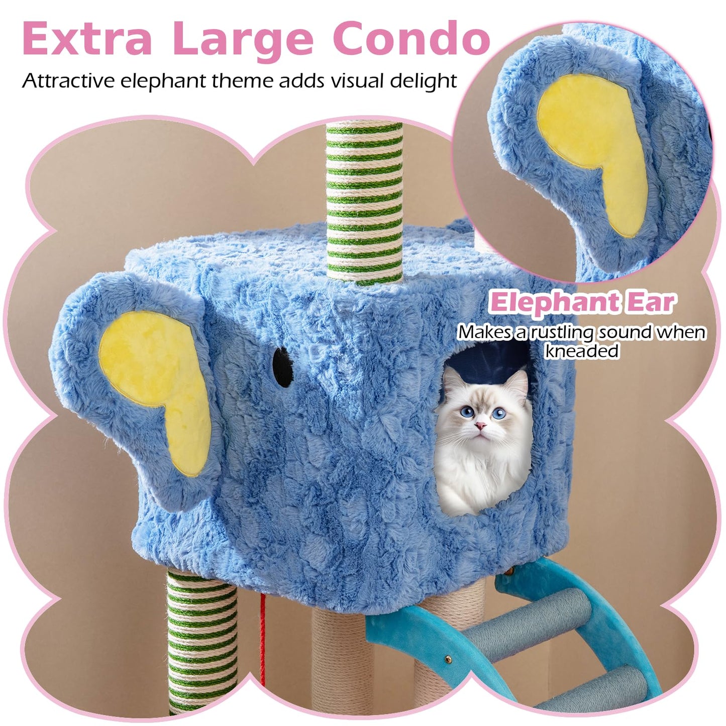Elephant Themed Cat Tree for Cats with Condos and Padded Perch