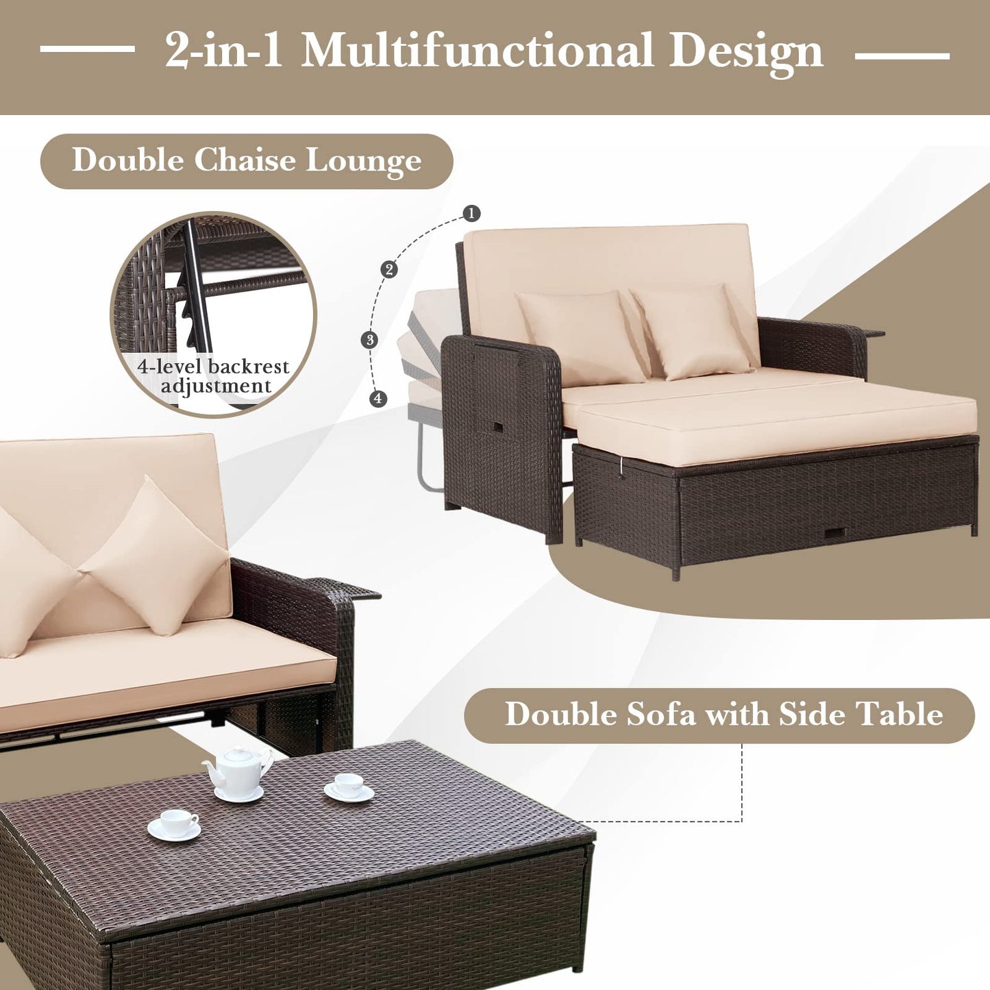 4-Level Adjustable Patio Wicker Loveseat Sofa Bed Sun Lounger with Storage Ottoman
