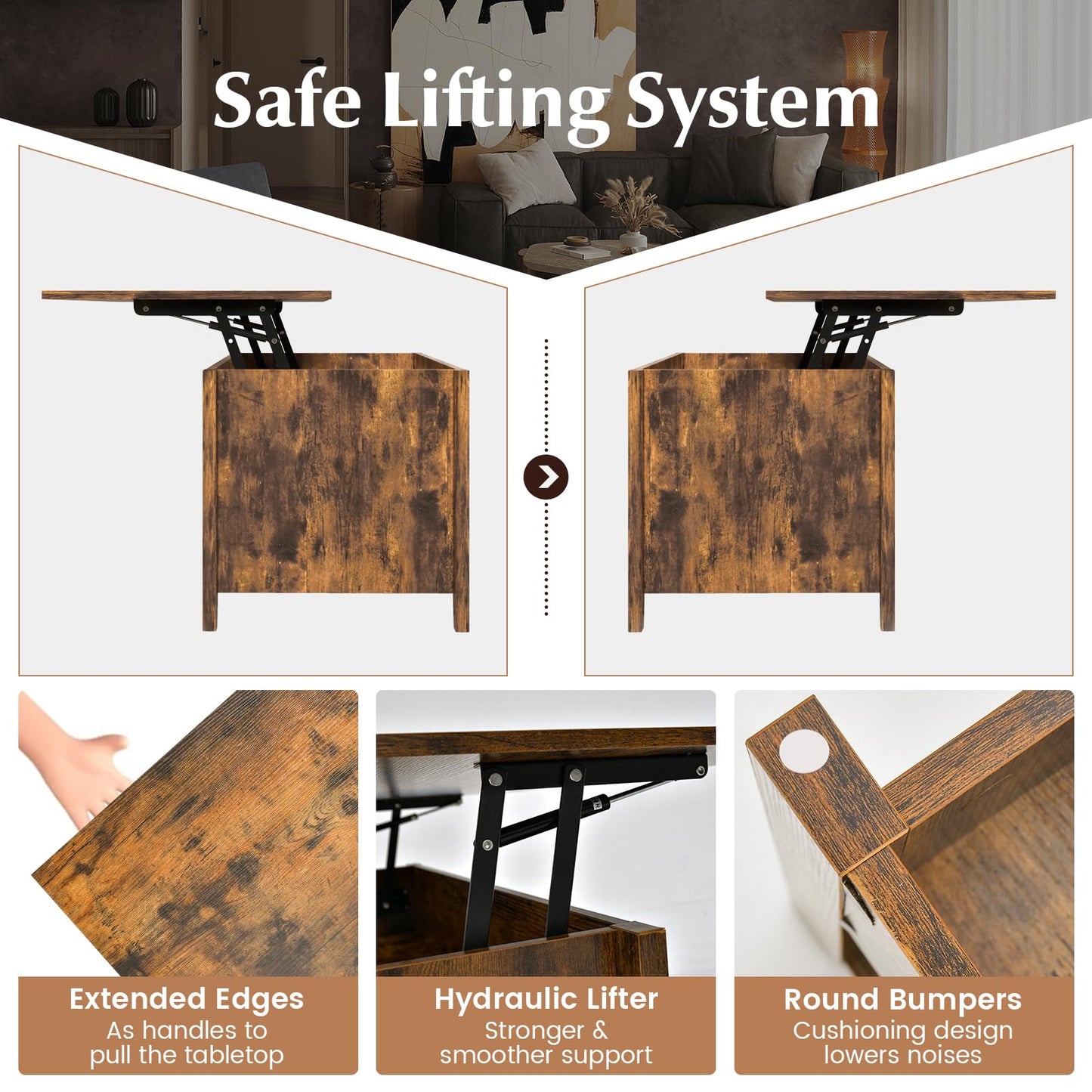 Rising Center Table with Lift Top Hidden Compartment