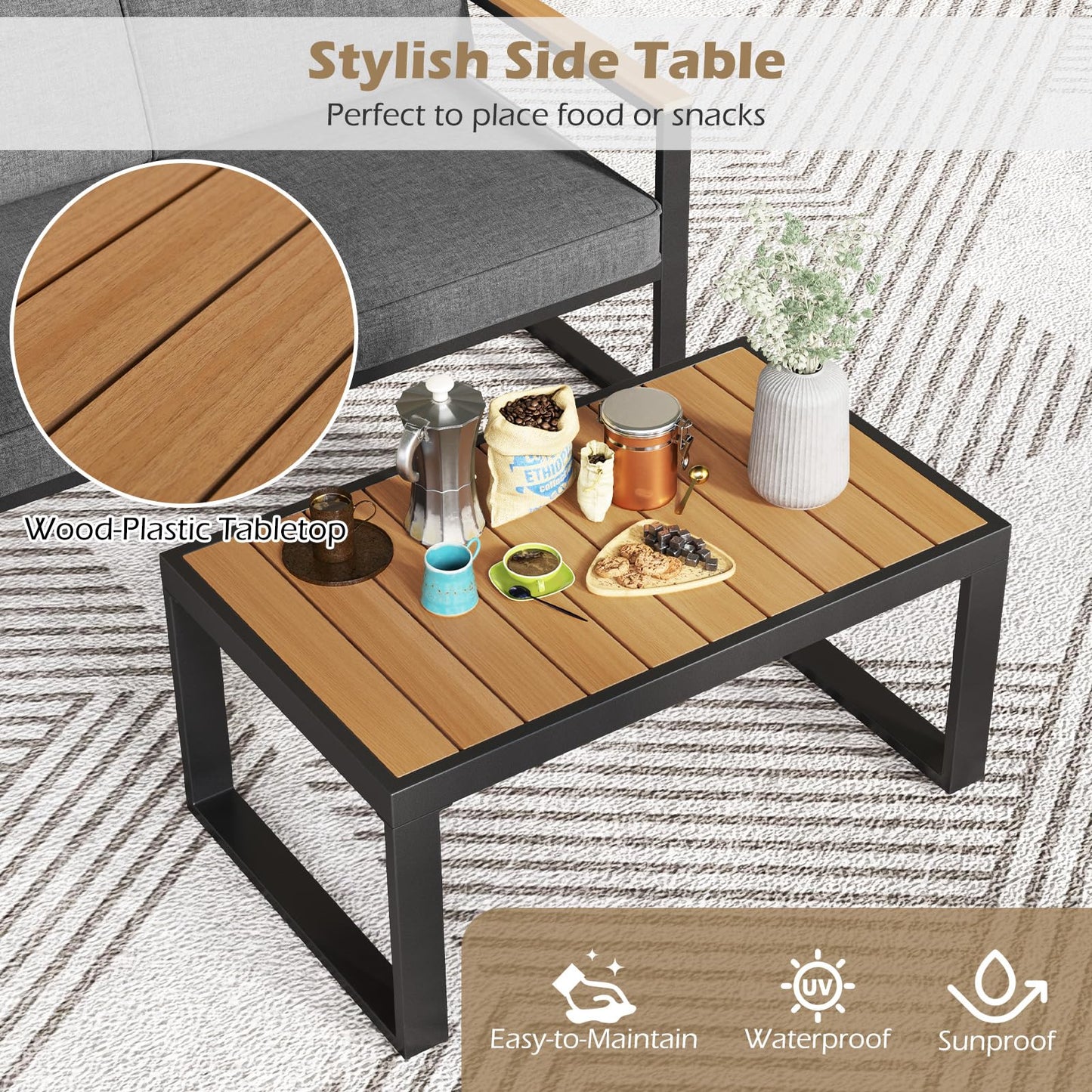 2-Seater Patio Aluminum Furniture Set with Coffee Table and Cushions
