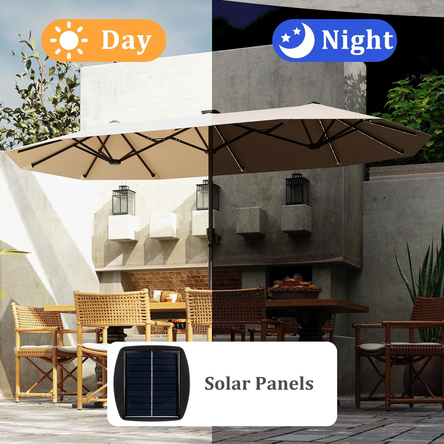 12 Heavy Duty Ribs Extra Large Sun Umbrella with 108 LED Solar Lights and Crank Handle