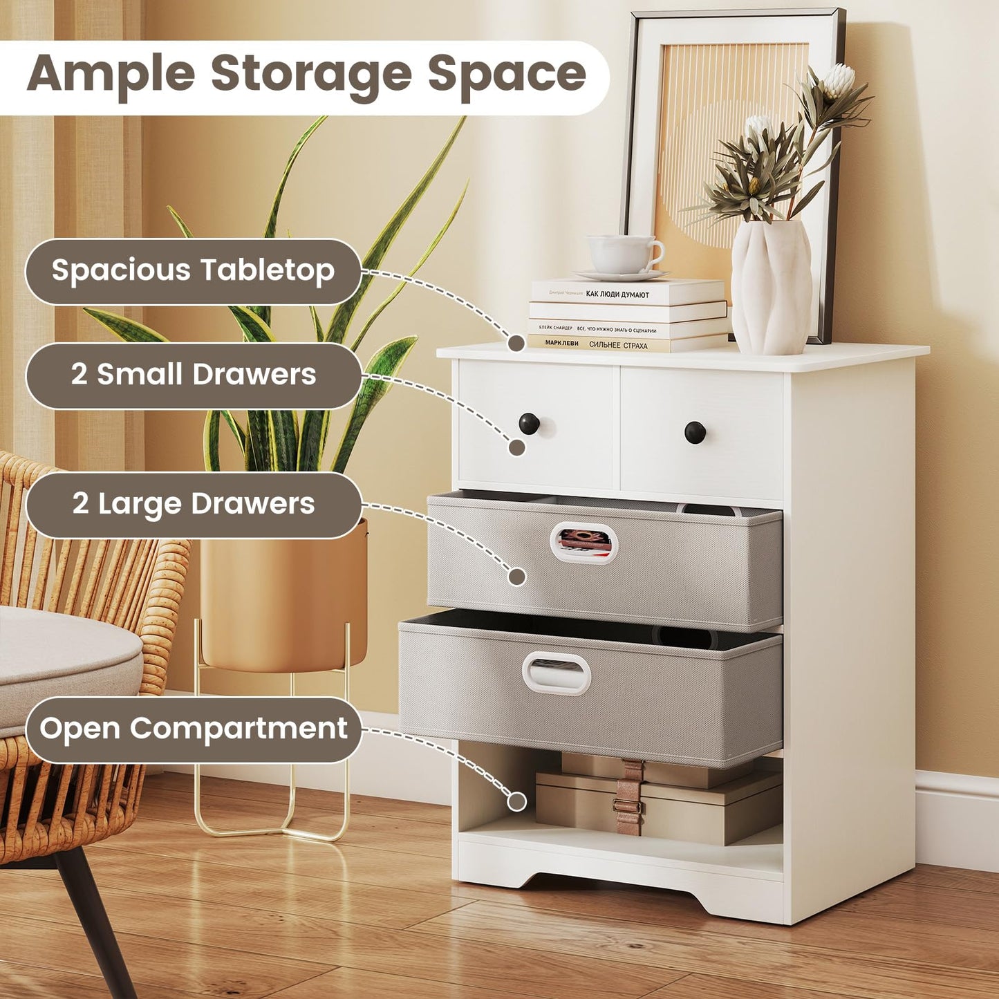 4-Drawer Dresser Cabinet with Open Shelf Freestanding Bedside Chest
