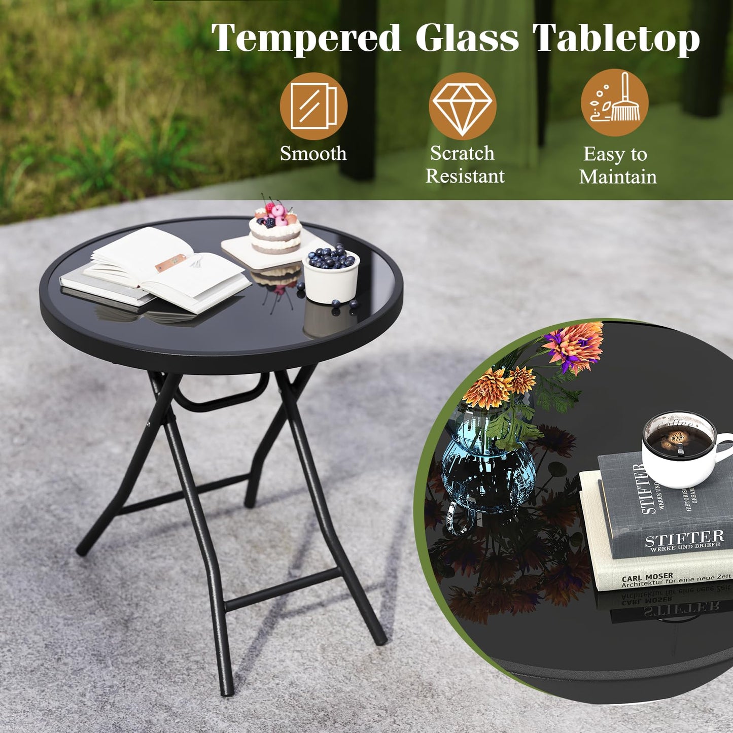 46cm Round Tempered Glass Top Small Garden Table