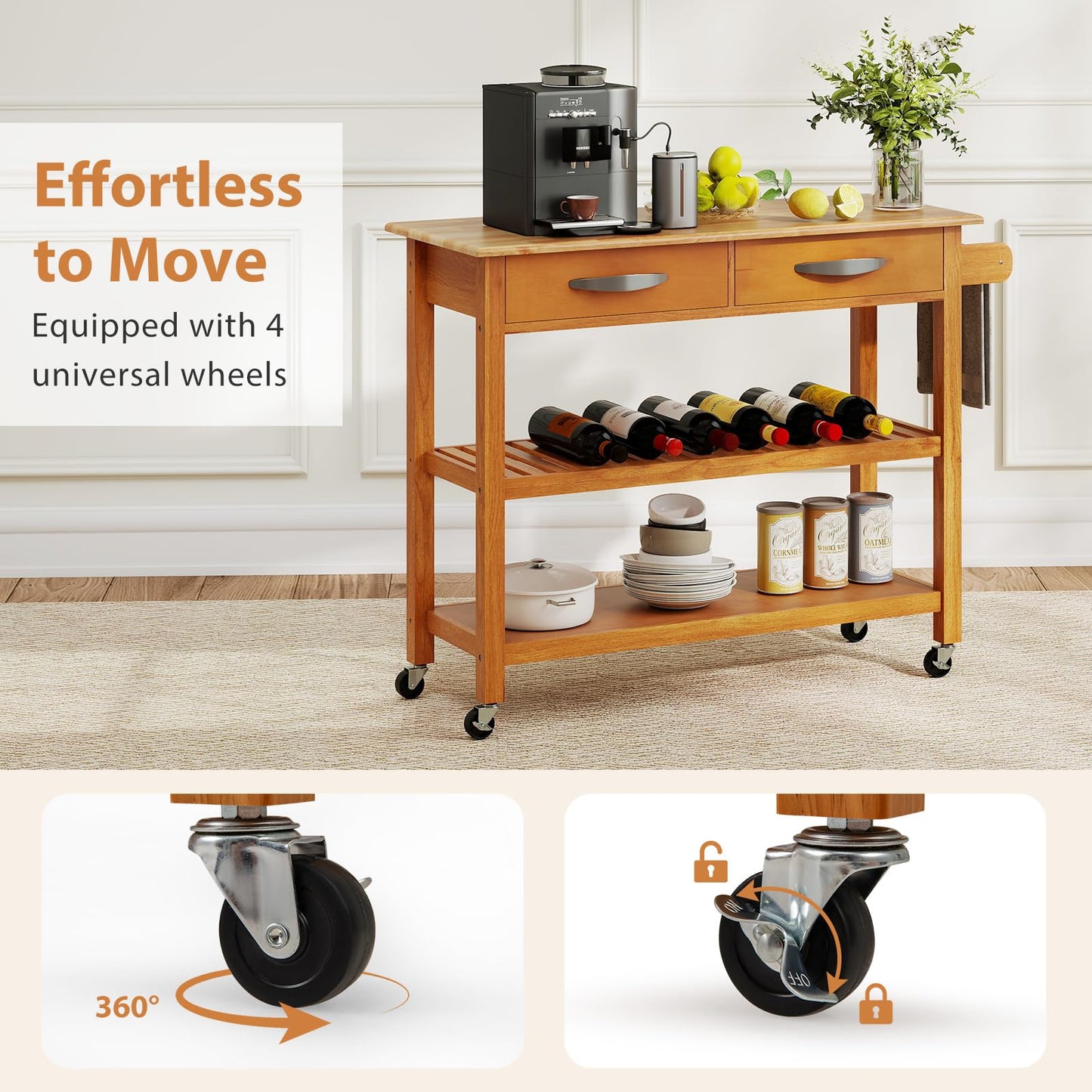 Kitchen Island with Storage 3-Tier Rolling Utility Cart with Wood Countertop