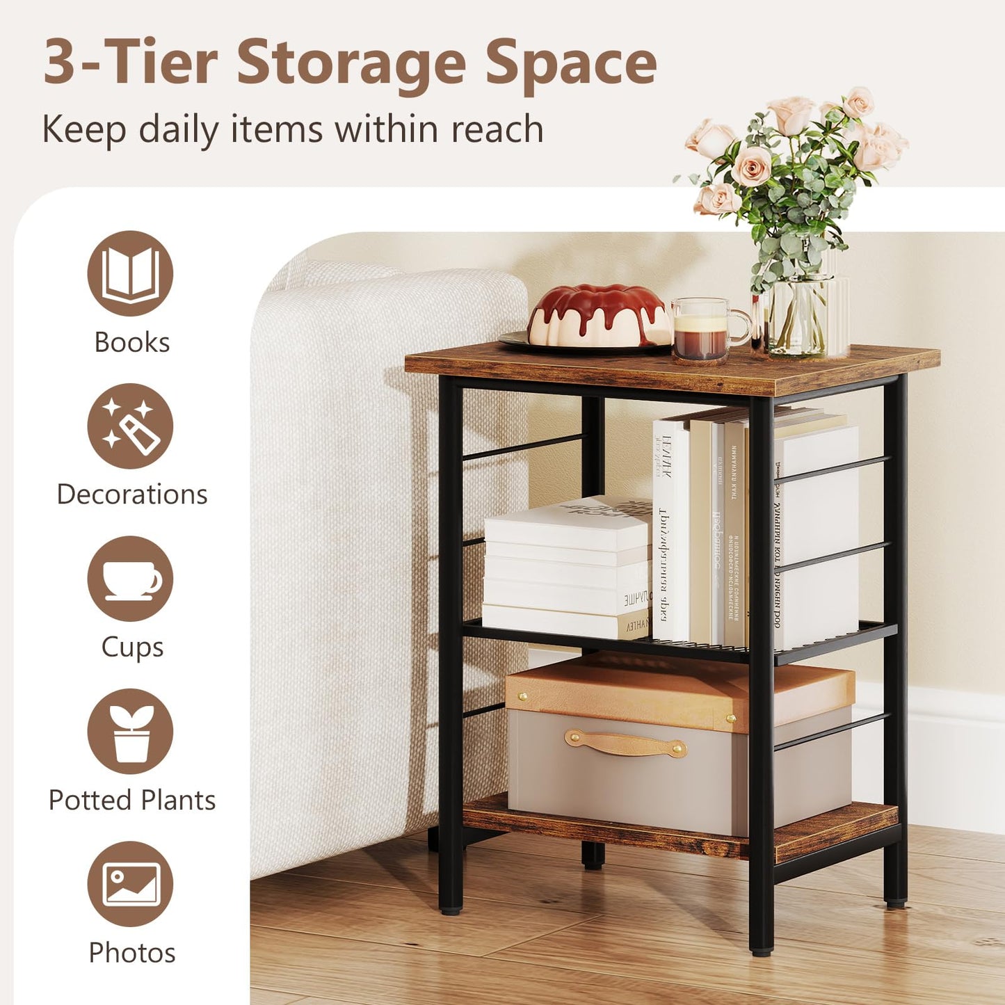 3 Tier Side Table with Height Adjustable Metal Mesh Shelf