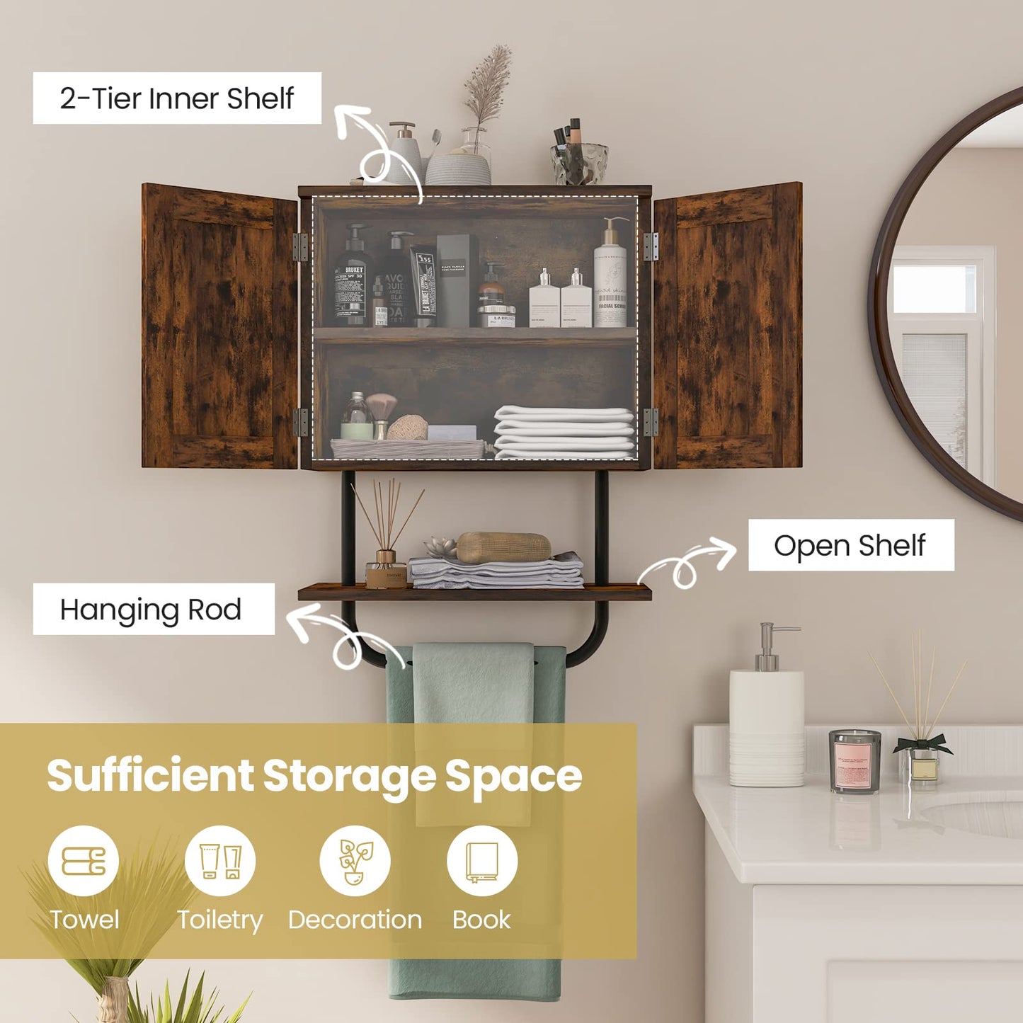 Bathroom Wall Cabinet with Double Door and Open Shelf and Towel Rack
