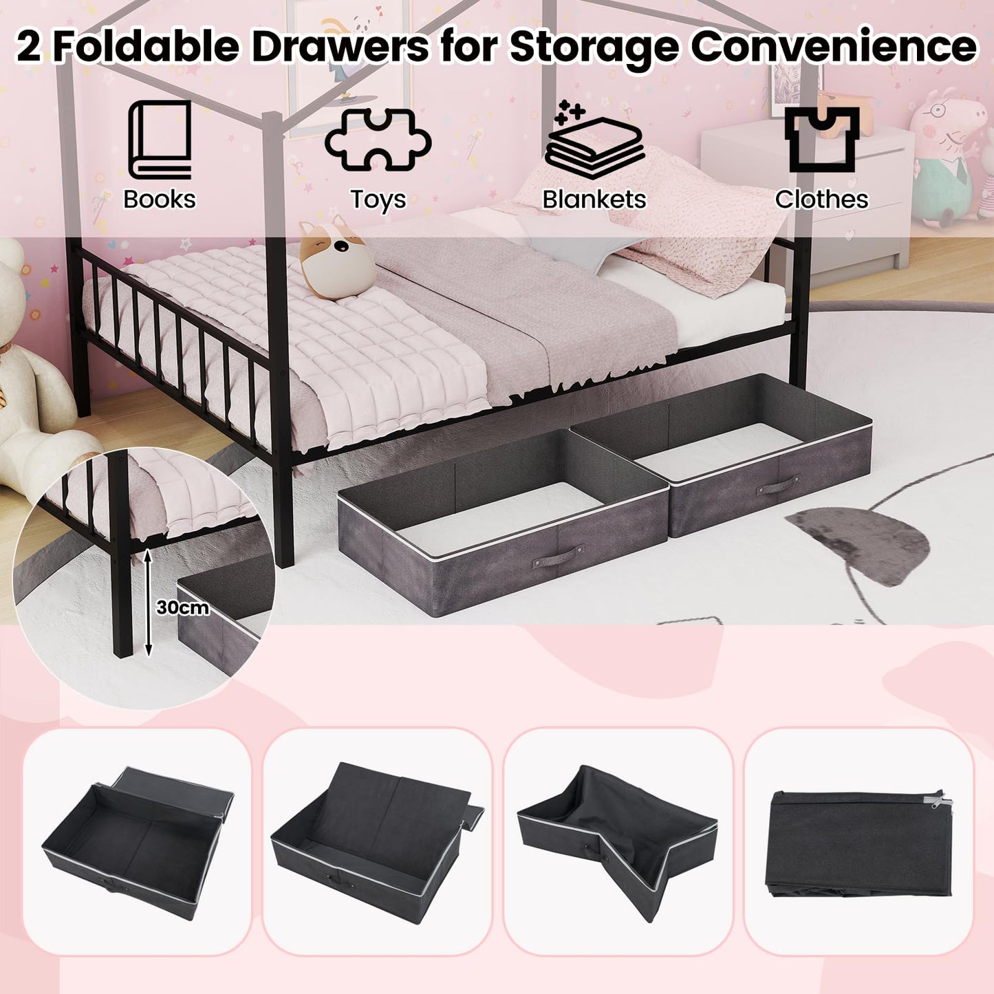 Double Size House Bed with 2 Drawers No Box Spring Needed