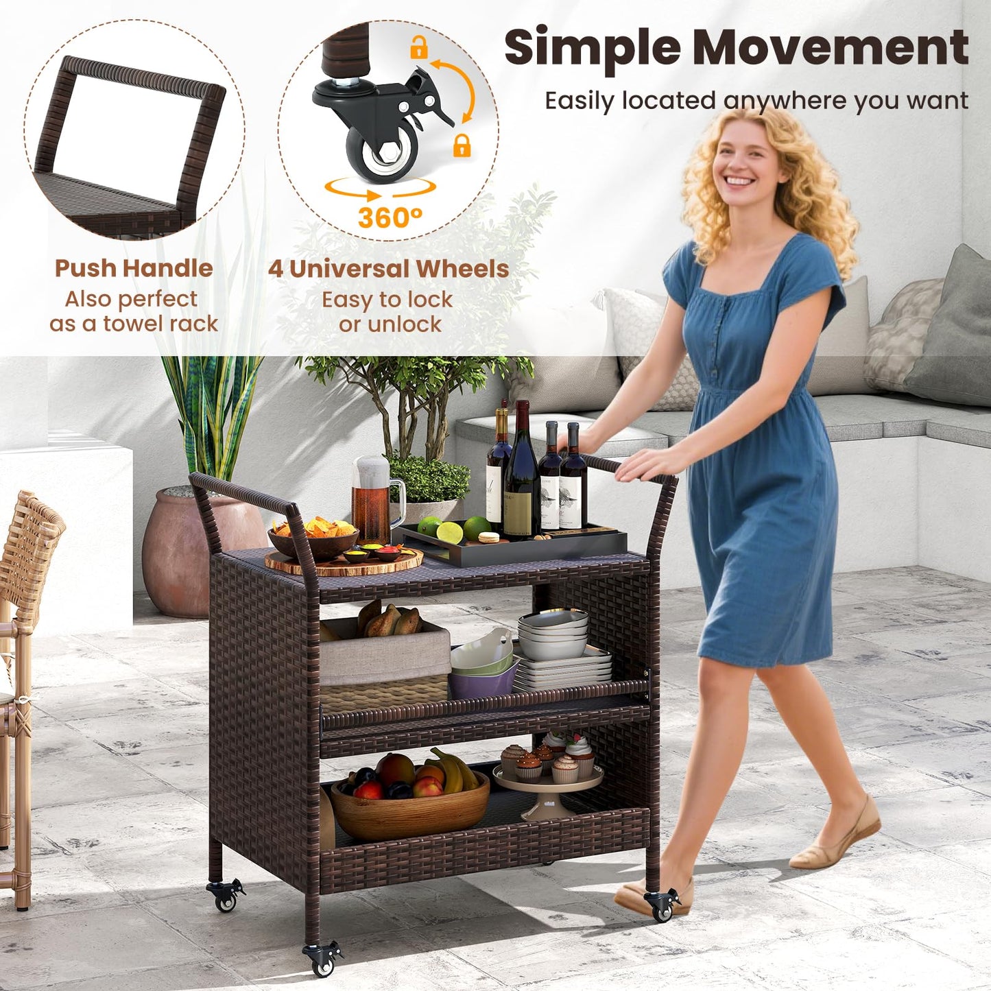 Outdoor Bar Cart 3-Tier Patio Rattan Storage Shelf with Lockable Universal Wheels