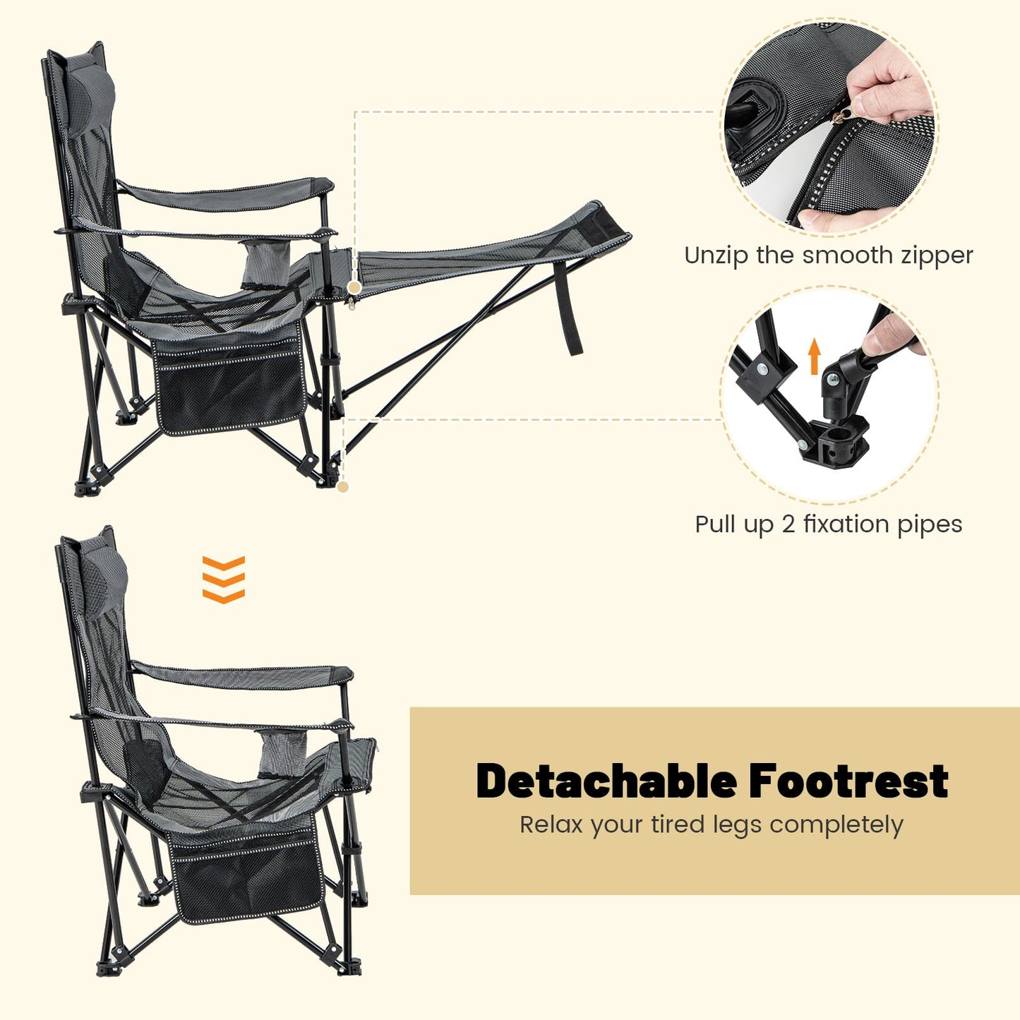 2 in 1 Portable Reclining Camp Chair with Detachable Footrest